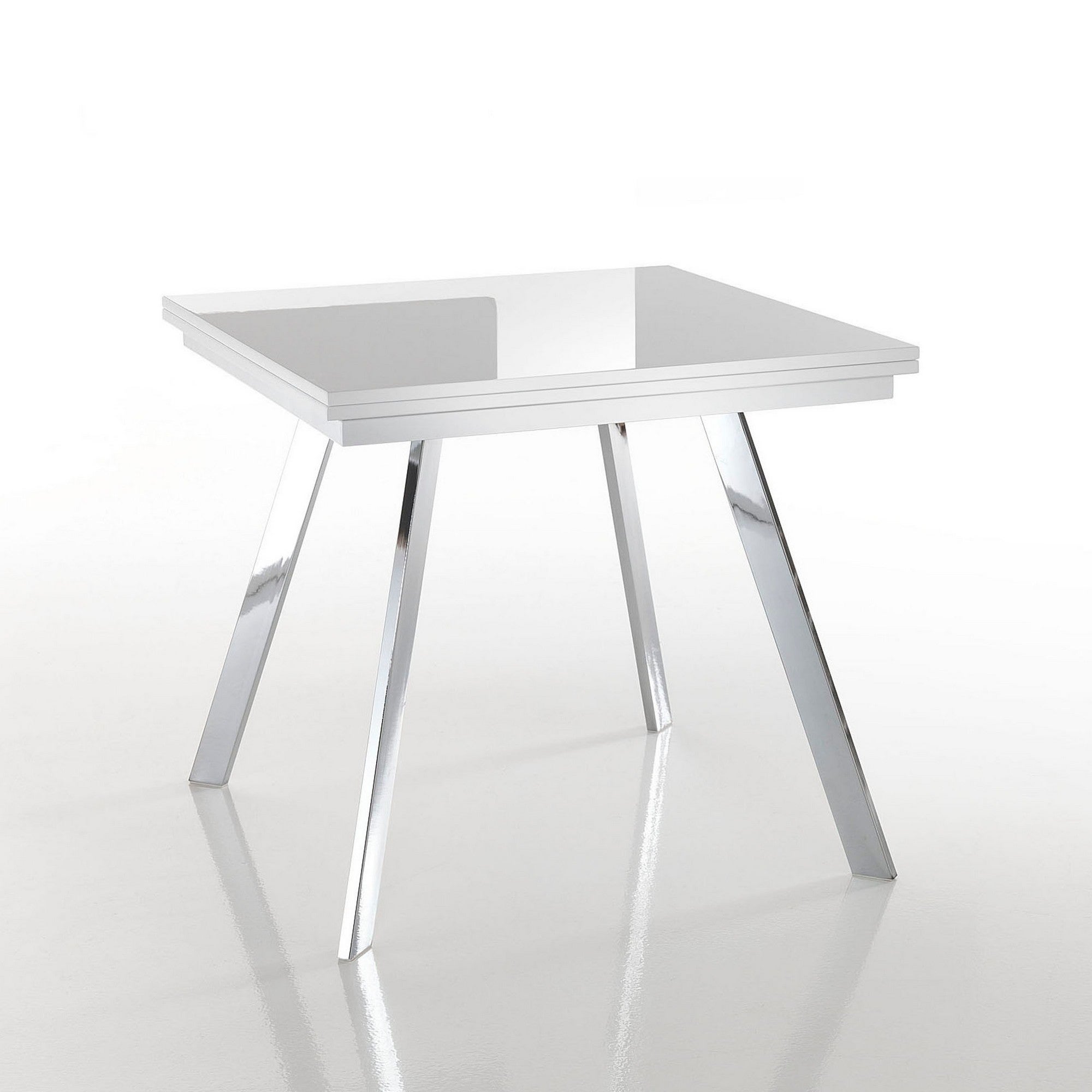 Stół w kształcie książki RIKY z błyszczącej białej płyty MDF i chromowanymi metalowymi nogami H75.5 W85/170 D85