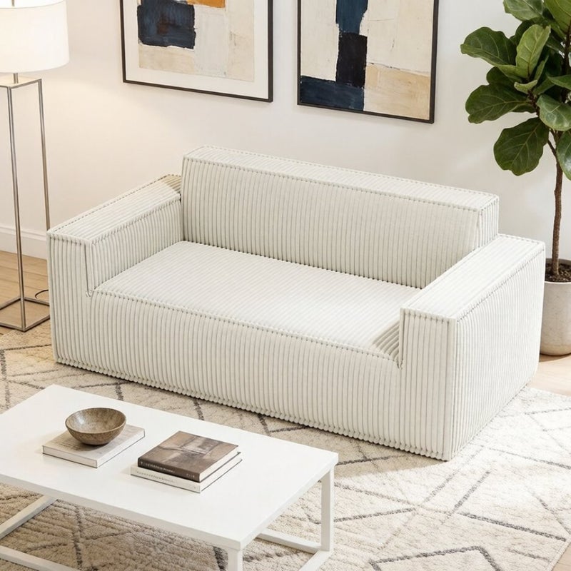 Nowoczesna sofa dwuosobowa z kordu, wygodne, głębokie siedzisko do salonu, mieszkania i biura