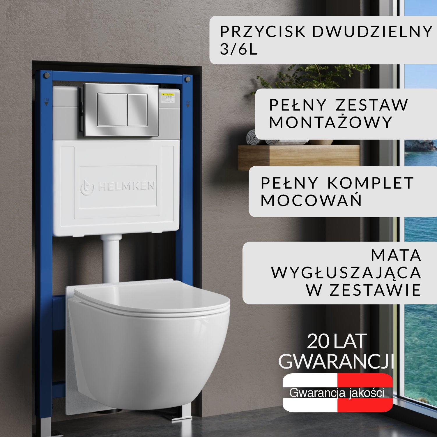 Zestaw podtynkowy WC Helmken 5w1: Stelaż, Satyna Przycisk(J), Miska bezkołnierzowa Rimless 35103001B (Biała), Deska wolnoopadająca, Mata