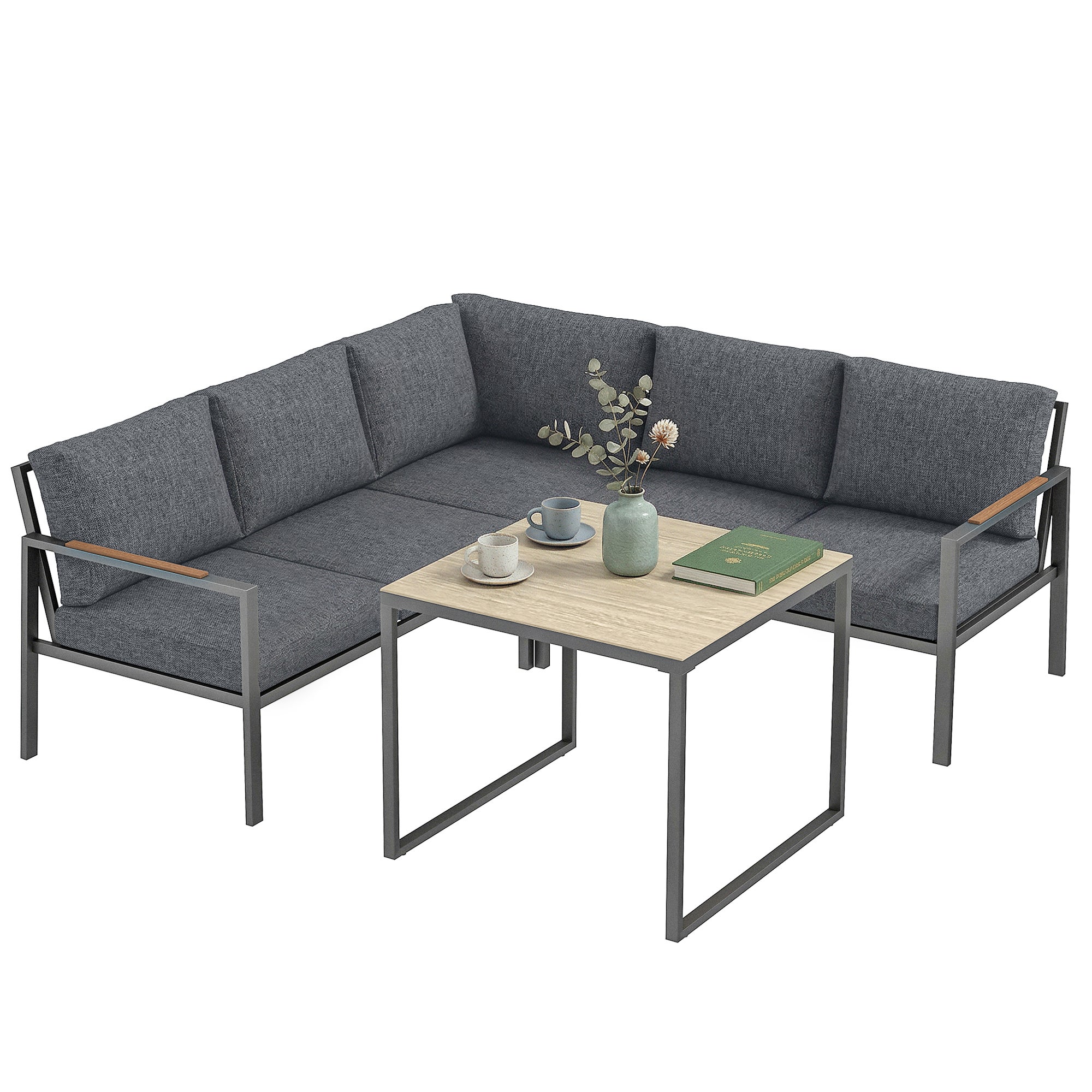 3-częściowy zestaw mebli ogrodowych dla 5 osób, 2 sofy z grubymi poduszkami, 1 stolik kawowy, 183 x 183 x 72 cm, kolor ciemnoszary