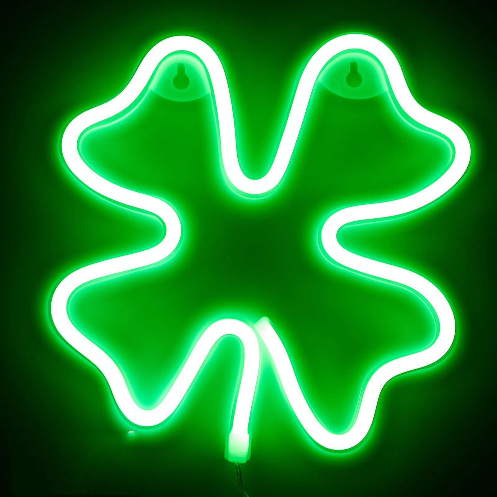 Neon LED, zielone światła dekoracyjne w kształcie 4-listnej koniczyny, światło LED zasilane przez USB/baterię do dekoracji