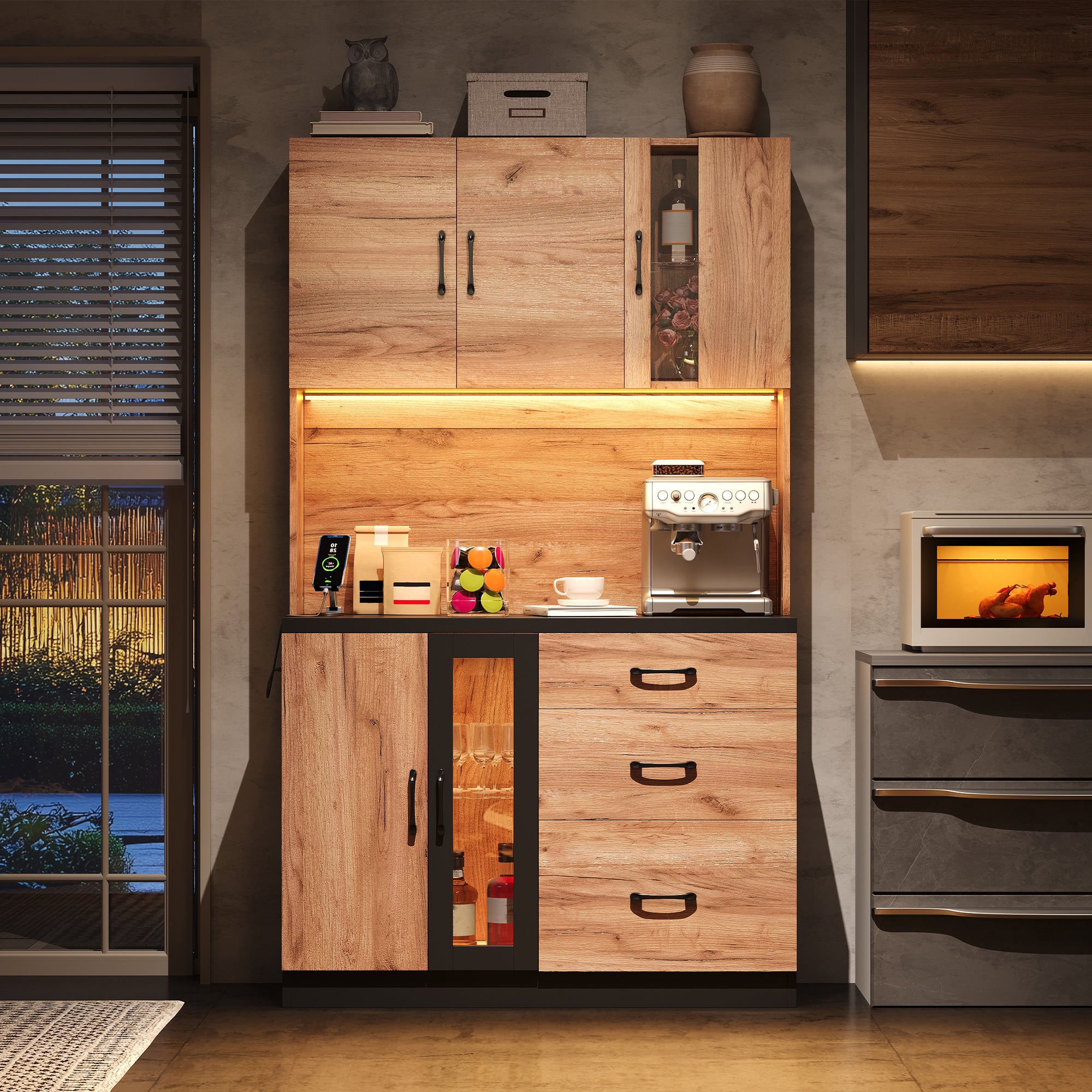 Kredens kuchenny z 5 drzwiami, 3 szufladami i blatem roboczym - 105 x 40 x 180 cm - MDF - diody LED i gniazdka elektryczne - kolor czarny i drewno