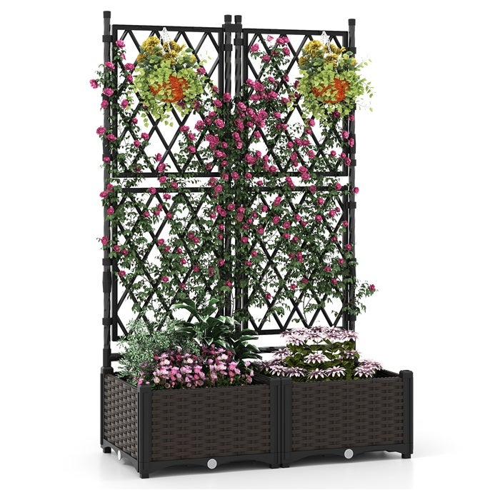 Metalowa donica podwyższona 2 w 1 z kratką i skrzynkami z systemem samonawadniania, powlekana PE, 80 x 40 x 126 cm (czarna)