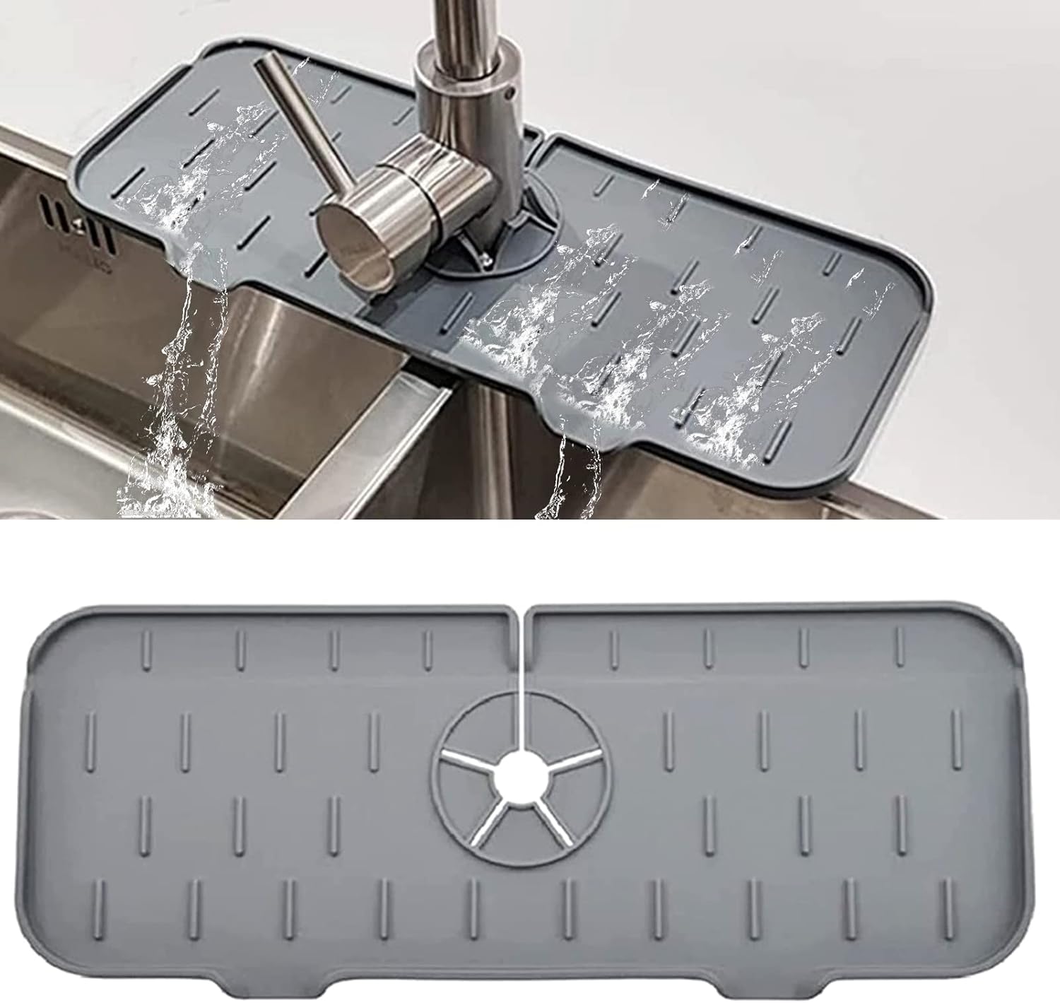 Mata silikonowa pod baterię, osłona przed chlapaniem 37 x 13,3 cm, do baterii kuchennej i zlewu, składana (szara).