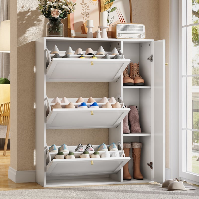 Szafka na buty z 3 drzwiami opuszczanymi i 1 drzwiami - 90 x 25 x 114 cm - Regulowane półki - Płyta wiórowa + MDF - Biała