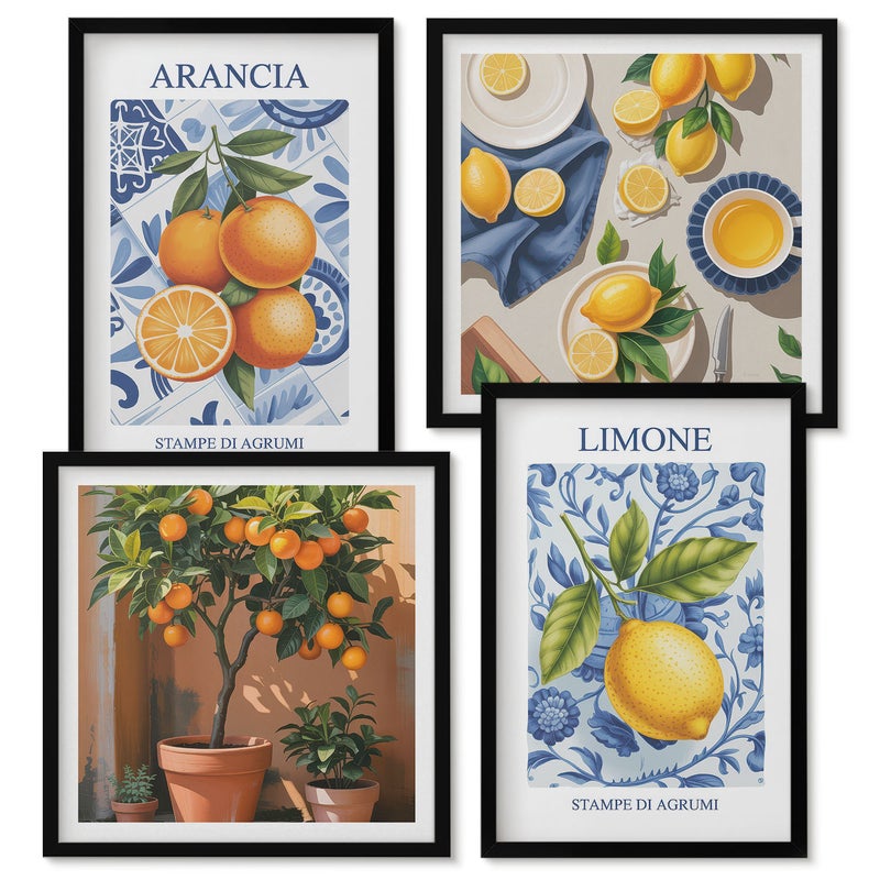 Zestaw obrazów w ramie - 4 części | Owocowe ilustracje cytrusów w stylu vintage | Czarna ramka