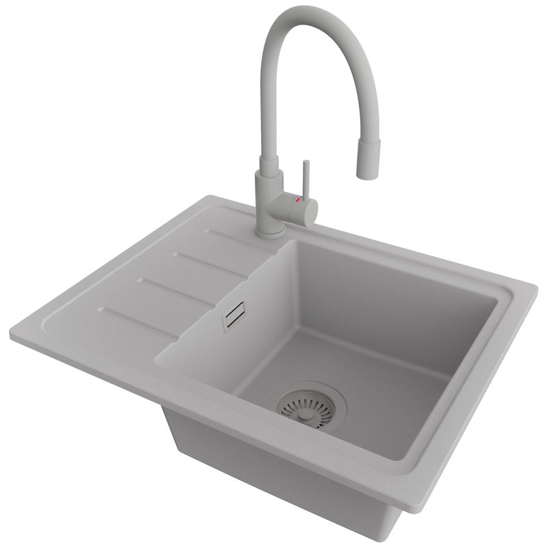 Zlewozmywak Granitowy Szary 55x44cm, Zlew Kuchenny 1 Komorowy + Bateria 38x14cm + Syfon, Nablatowy do szafki od 45cm - Kopenhaga Easy PRIMAGRAN