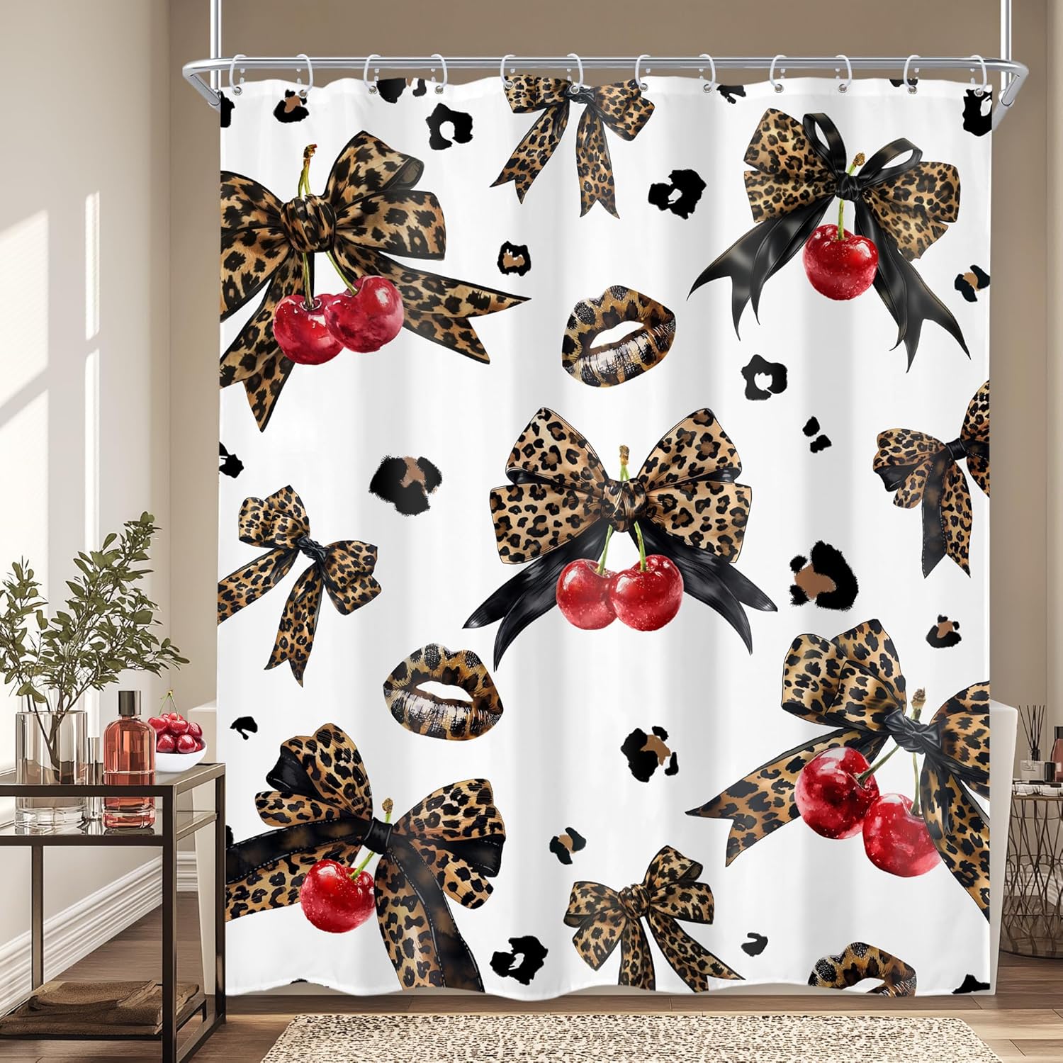 Zasłona prysznicowa z nadrukiem w panterkę 180 x 180 cm (szer. x dł.) – w kolorze wiśniowo-czerwonym w stylu vintage – w stylu retro, w czarno-brązowe