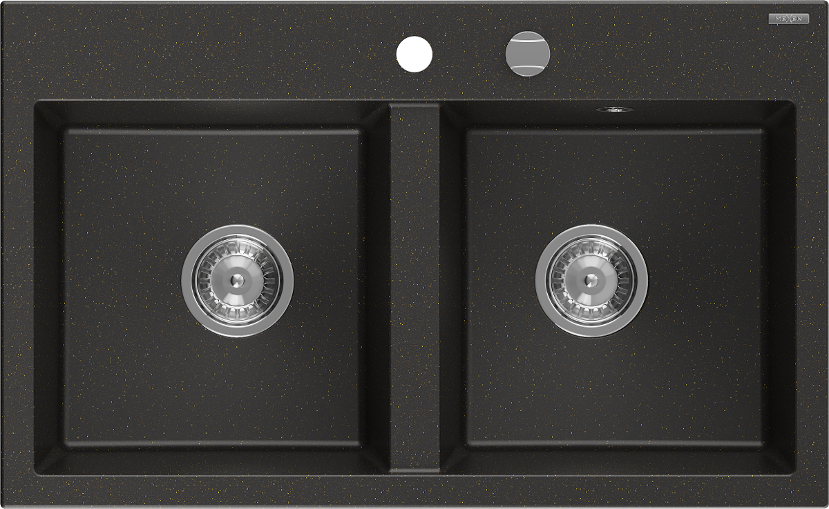 Mexen Hektor zlewozmywak granitowy 2-komorowy 800 x 480 mm, czarny/złoty metalik, syfon chrom - 6521802000-75