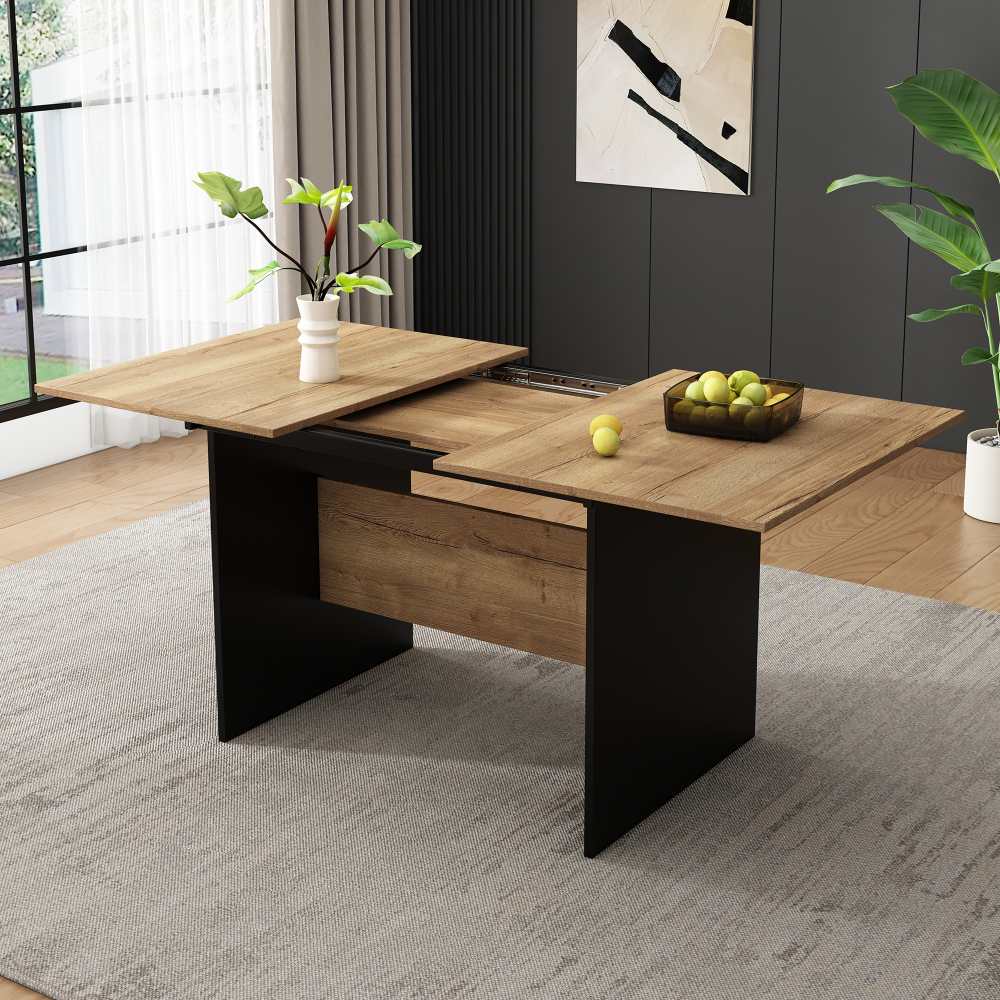 Rozkładany stół jadalny 140/180x80 cm, drewno naturalne, minimalistyczny design, dla 4-6 osób, wysokiej jakości płyta MDF