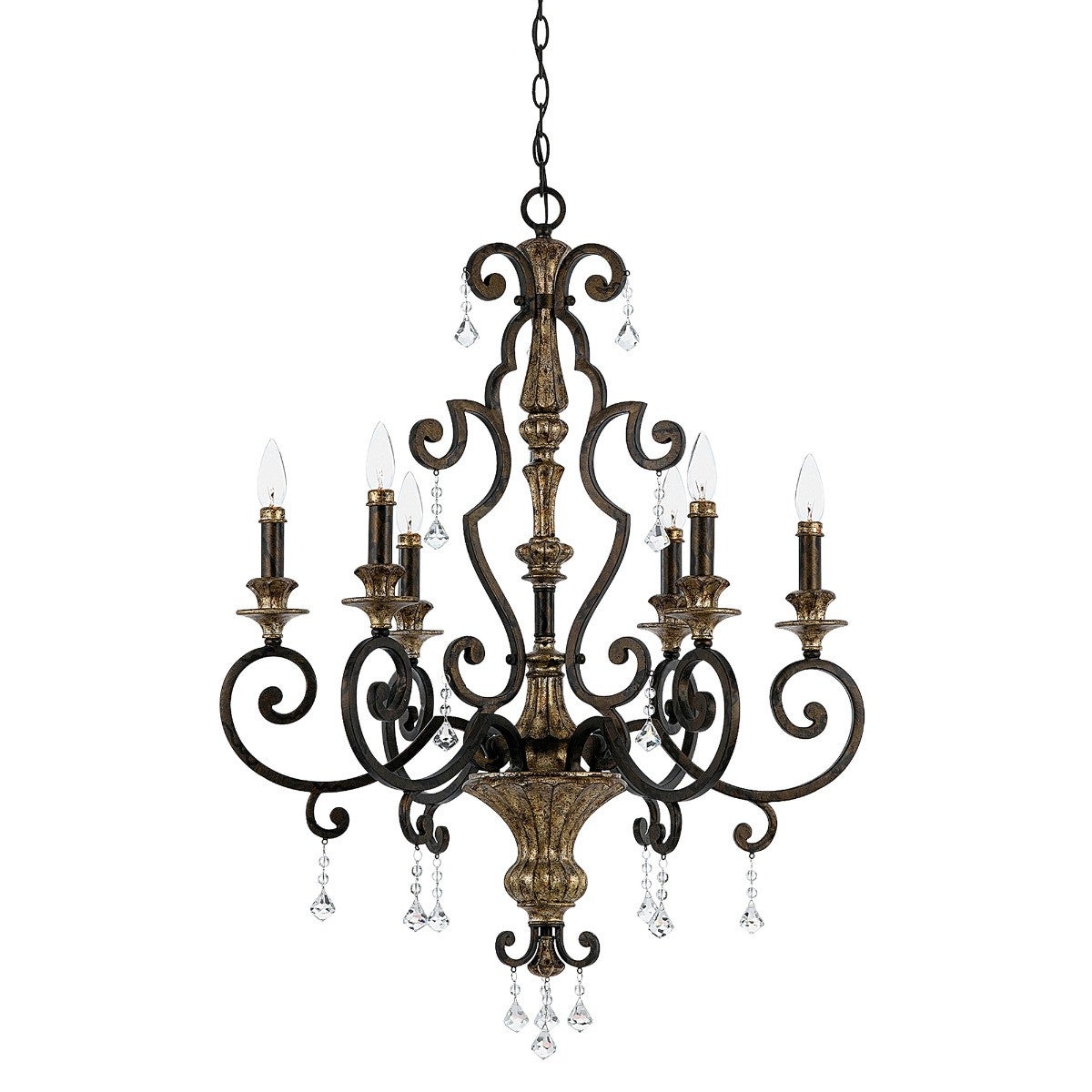 Suspension Marquette 71 cm, bronze et cristal, 6 ampoules