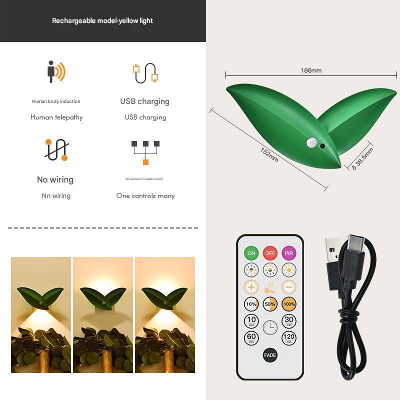 Lampa czujnika ruchu Willow Leaf - żółte światło - akumulatorowa [czujnik obecności człowieka ★ pilot zdalnego sterowania]