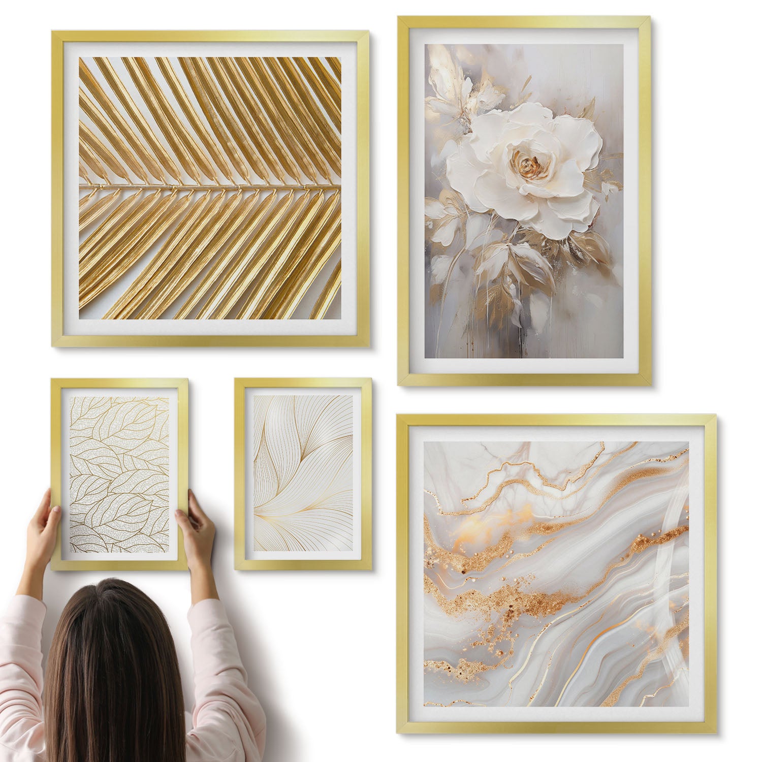 Galeria ścienna 5-częściowy komplet obrazów w złotych ramach - Stylowe motywy roślinne z delikatnymi kwiatami i liśćmi - ArtPrintCave