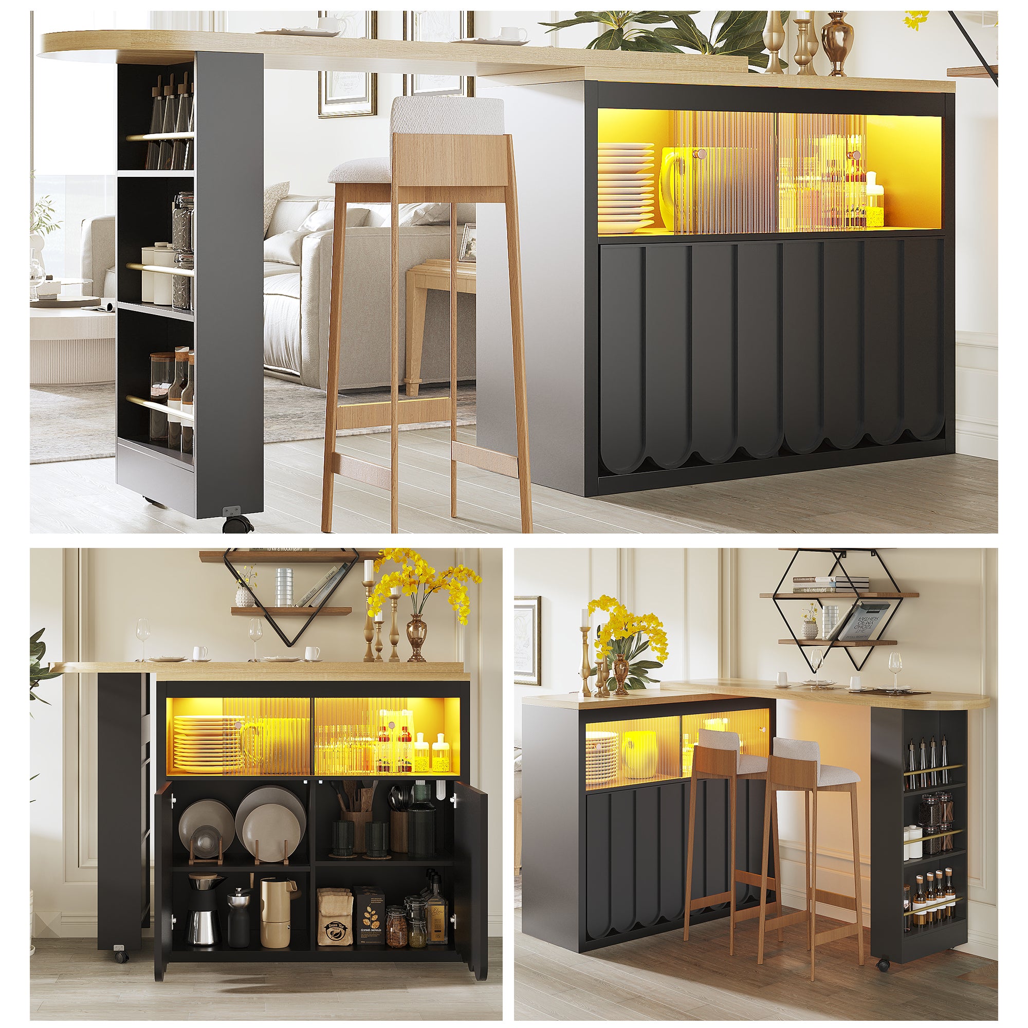 Rozkładany stół barowy z 4 drzwiami i półkami - 135-205 x 39 x 100 cm - MDF i metal - diody LED - do kuchni, jadalni - czarny
