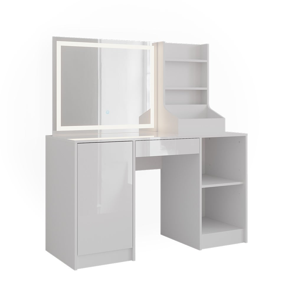 Vicco Stół toaletowy Sherry, Biały/Biały wysoki połysk, 128.2 cm z lusterkiem LED