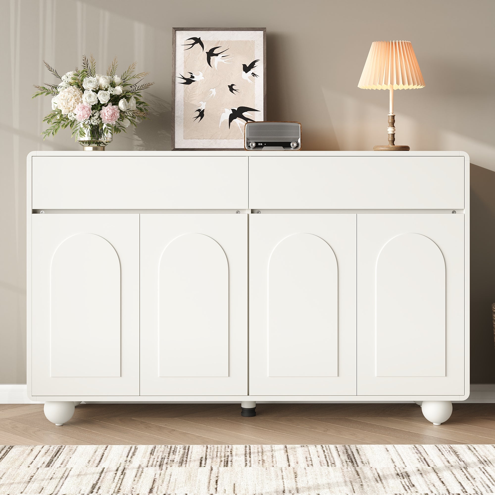 Komoda z 4 drzwiami łukowymi i 2 szufladami - 140 x 38 x 89 cm - Płyta wiórowa i MDF - Regulowane półki - Nogi metalowe - Kolor biały