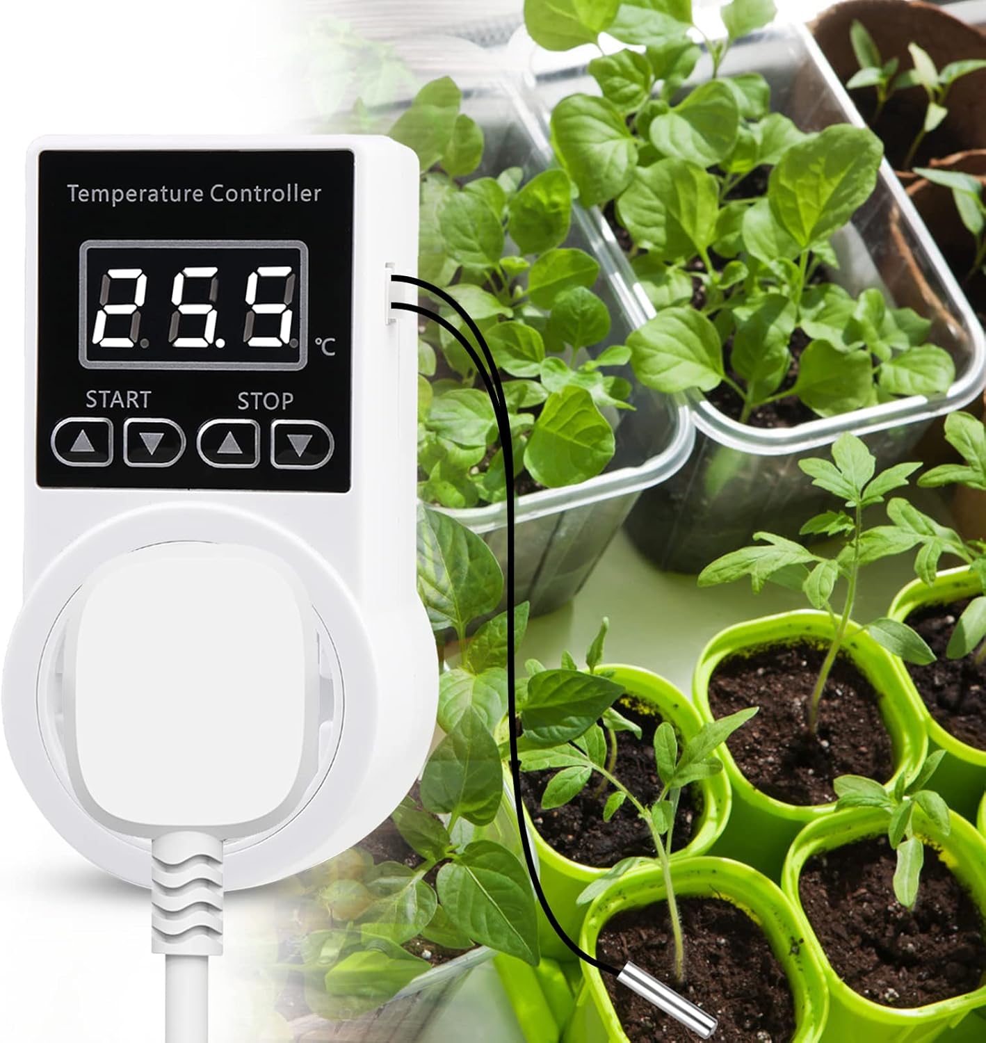 Wtyczka termostatyczna - regulator temperatury do ogrzewania i chłodzenia z sondą, cyfrowy kontroler LCD do terrarium i akwarium