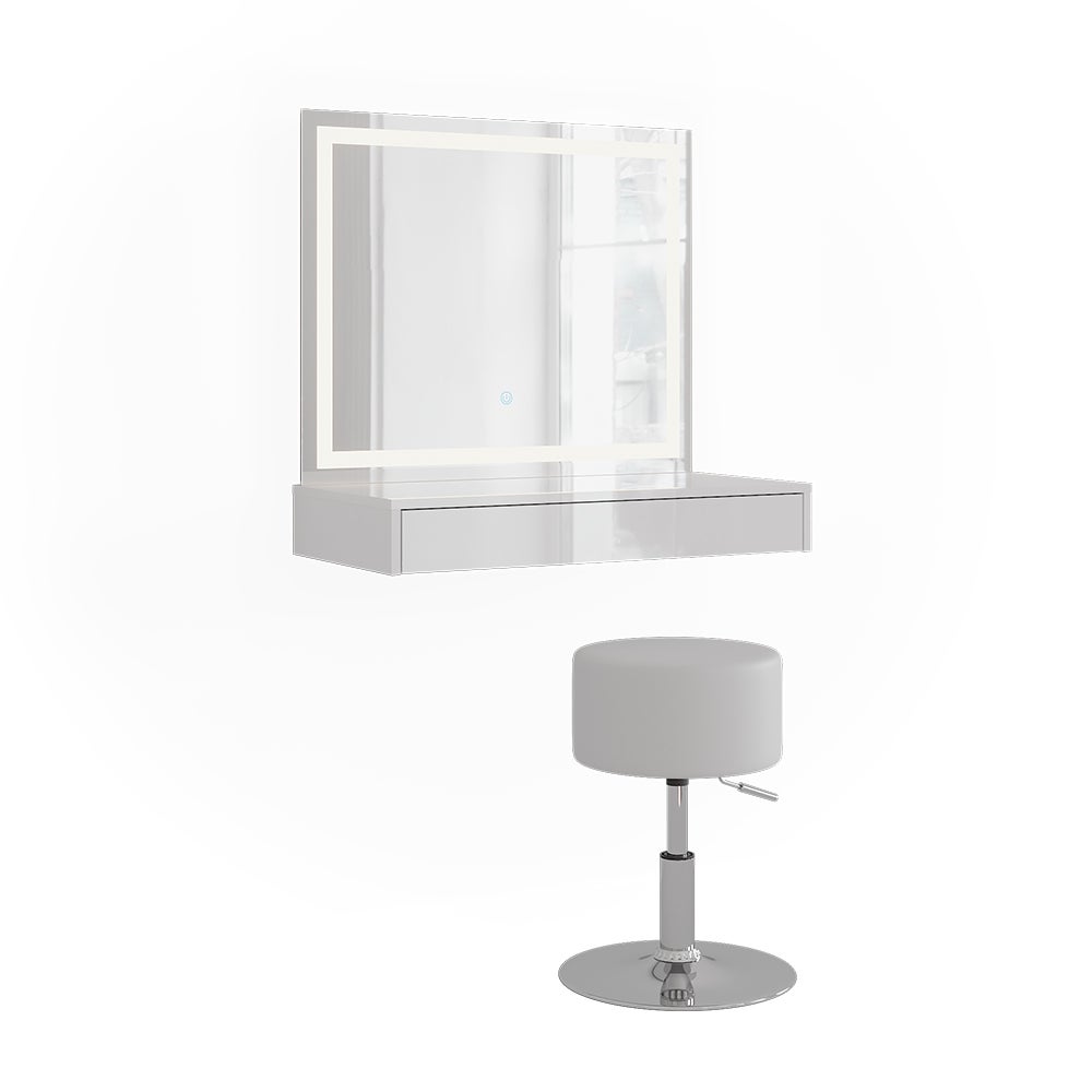 Vicco Stół do toalety Sherry, Biały/Biały wysoki połysk, 80 cm z lustrem LED i stołkiem