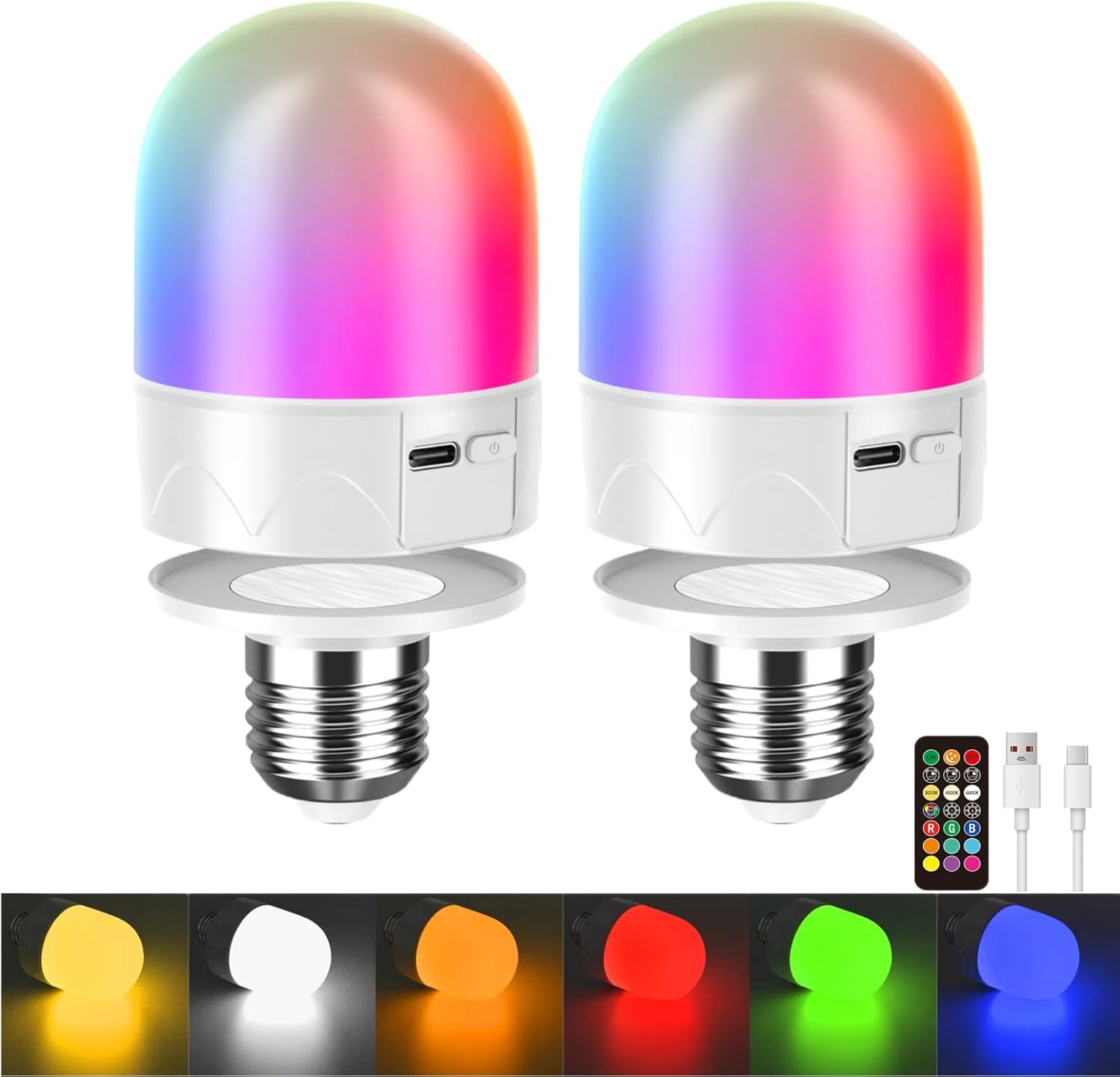 Zestaw 2 żarówek LED ładowanych przez USB z pilotem, gwintem E27 i magnetycznymi podstawami, ściemnialnymi, 9 kolorami RGB, baterią 3000 mAh, lampką n