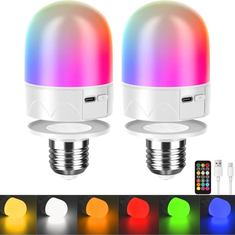 Zestaw 2 żarówek LED ładowanych przez USB z pilotem, gwintem E27 i magnetycznymi podstawami, ściemnialnymi, 9 kolorami RGB, baterią 3000 mAh, lampką n