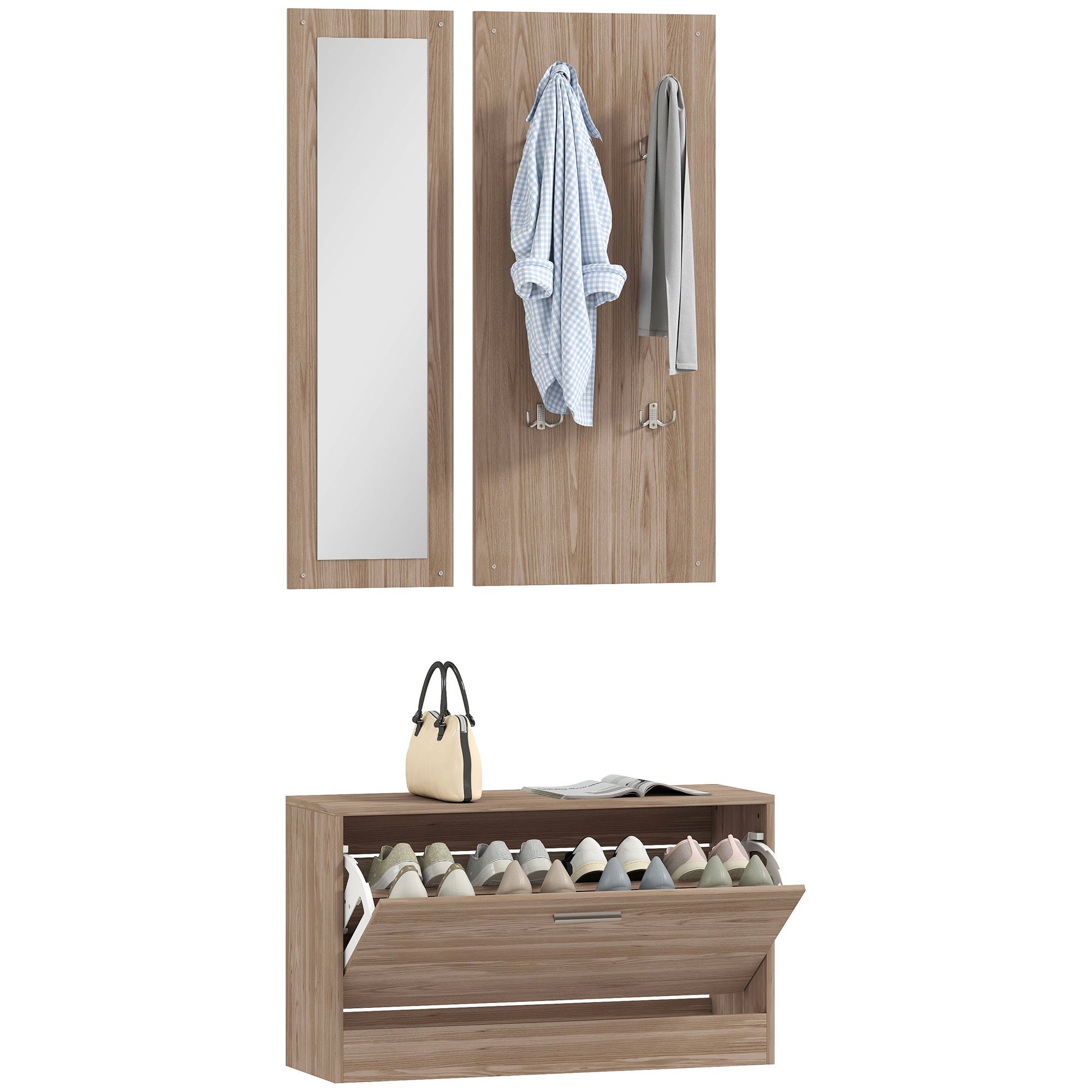 3-Część przedpokój Mebel Set z ławka na buty, Ścienny Wieszak i Lustro, drewno sypialnia i korytarz Garderoba, 80 x 27 x 46.5 cm, Dark brązowy