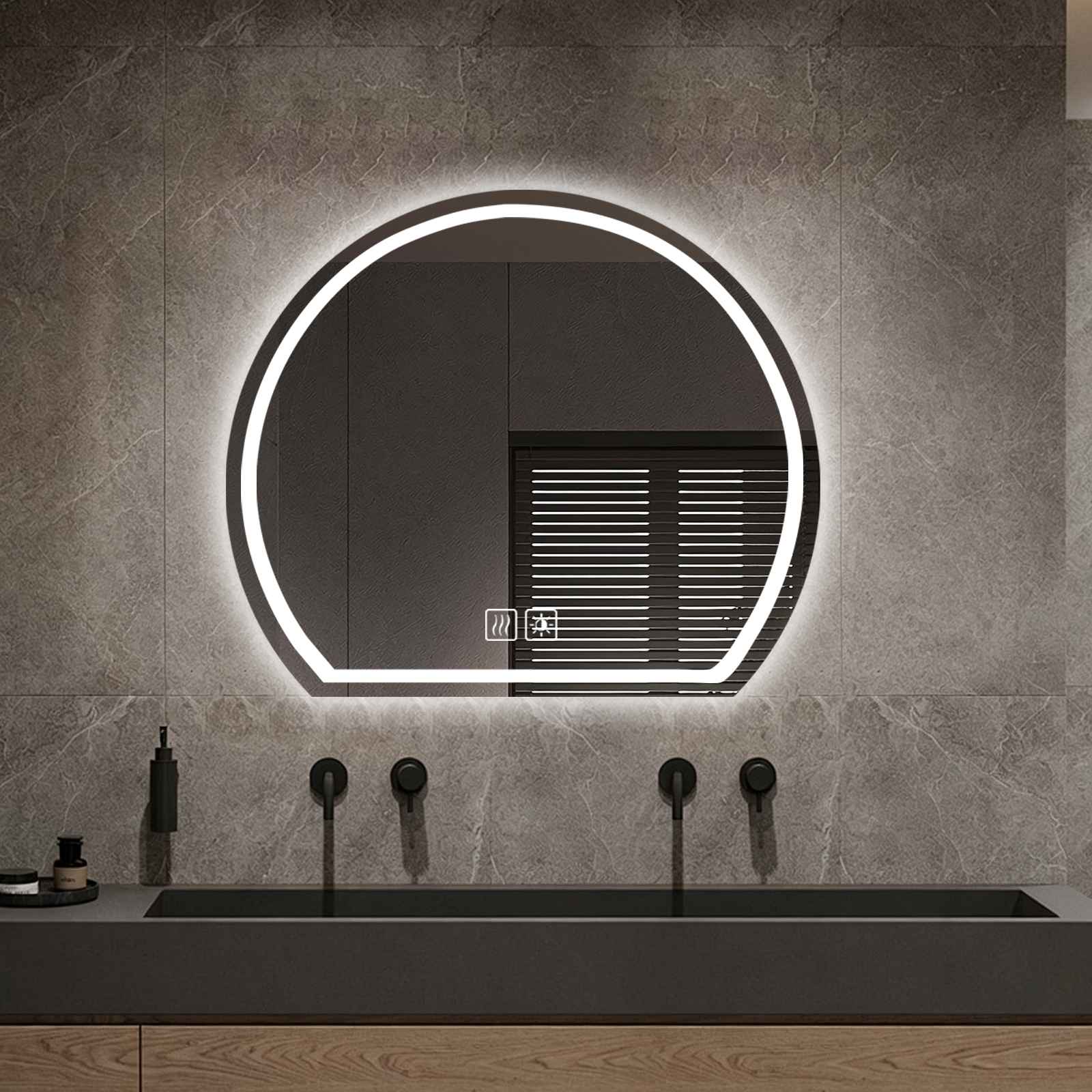 Lustro łazienkowe LED półokrągłe 80×73 cm, przeciwmgielne, sterowanie dotykowe, 3 kolory światła i regulacja jasności, bezramkowe