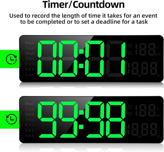 (13-calowy, zielony) cyfrowy zegar ścienny LED z pilotem, timerem odliczającym, regulowaną jasnością, odpowiedni do salonu, kuchni, biura