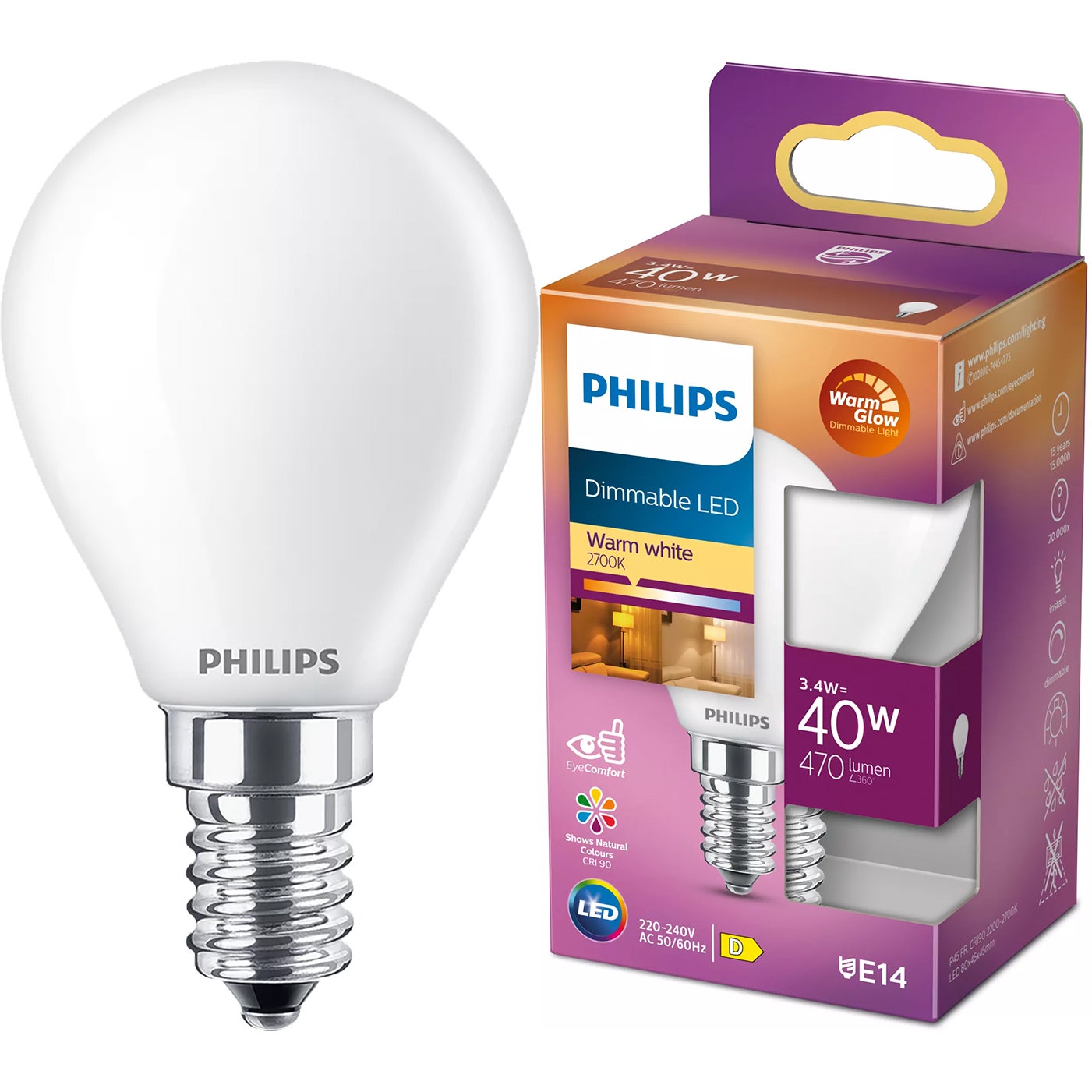 Żarówka LED Philips E14 P45 3.4W 470lm 2700K Filament Ściemnialna WarmGlow Dimmable