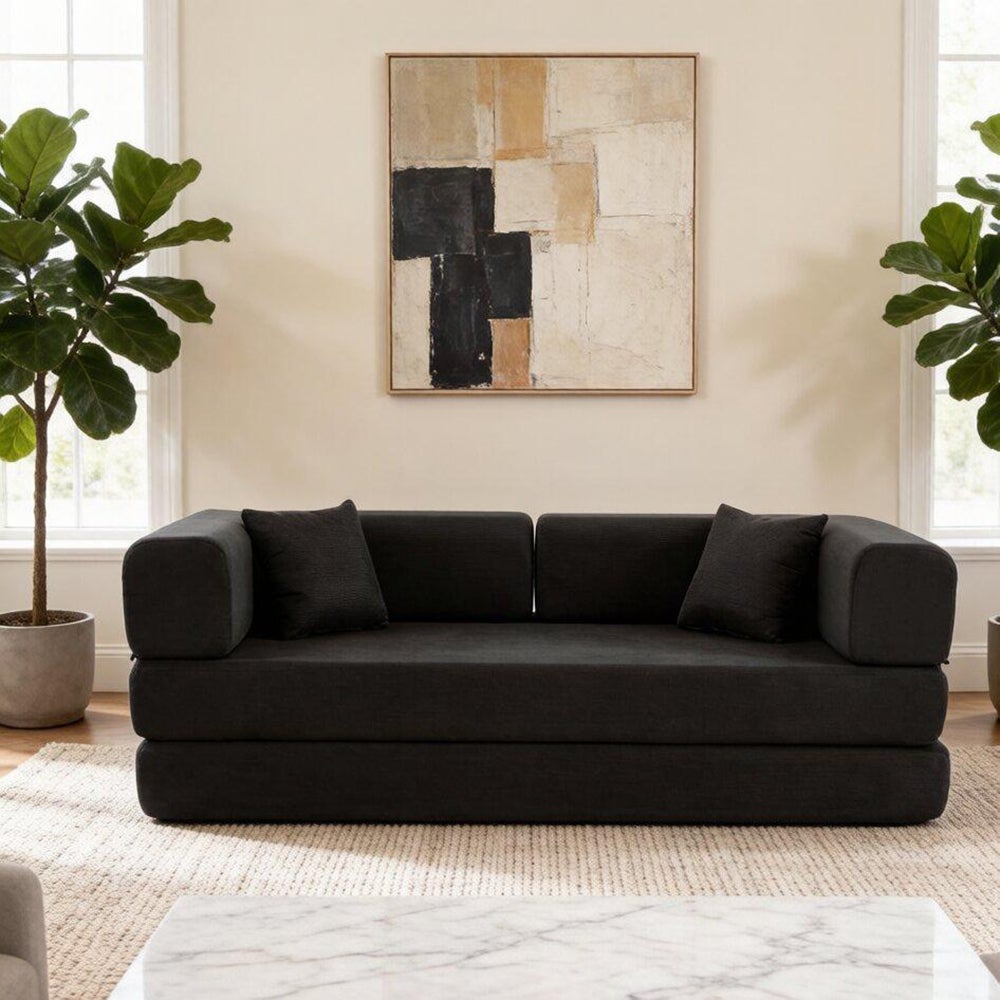 Rozkładana sofa z cylindrycznymi poduszkami, rozkładana sofa z aksamitu sztruksowego z nieruchomą konstrukcją, rozkładana sofa, czarna
