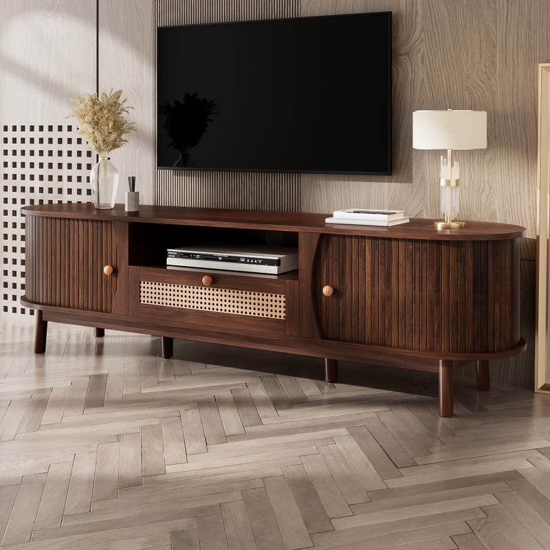 Meble TV z rattanu 165x37x46 cm - 2 drzwi i 1 szuflada z rattanu - Styl rustykalny - MDF - Brązowy