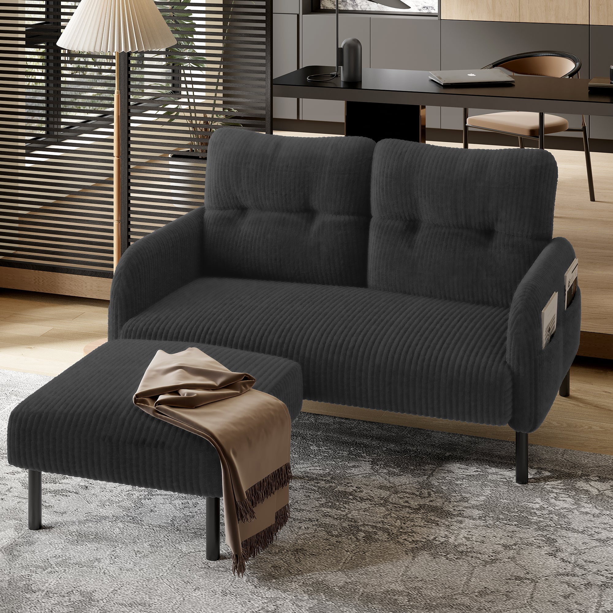 Sofa 2-Osobowa ze Sztruksu z Kieszeniami Bocznymi i Metalowymi Nogami do Salonu