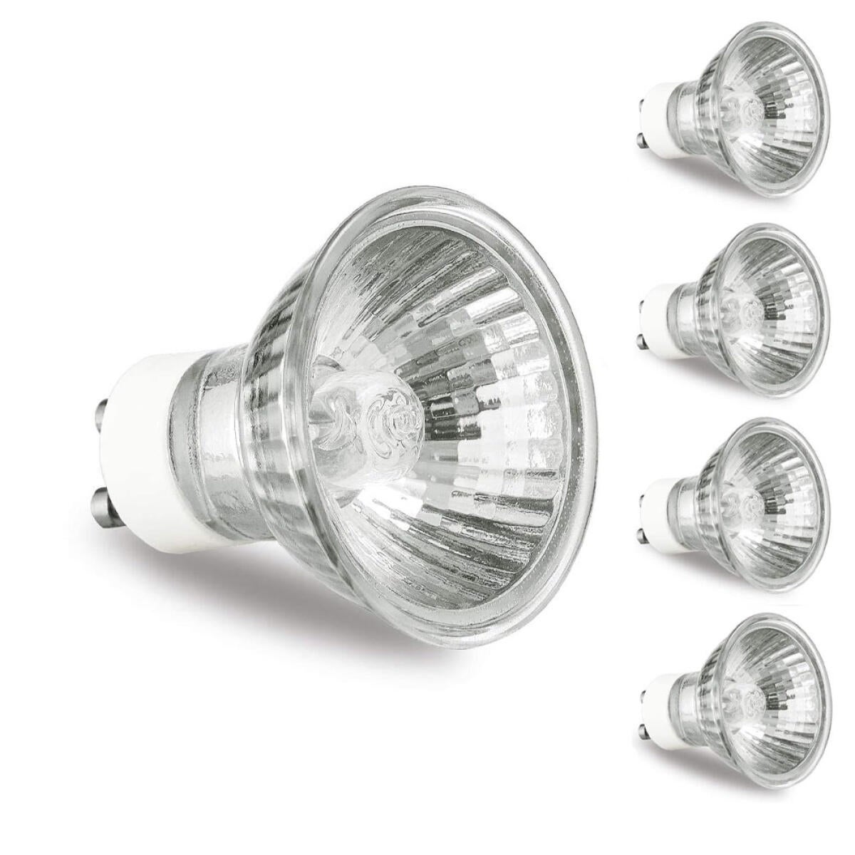 Zestaw 5 żarówek halogenowych GU10, 110-130 V, 50 W | GU10+C, MR16 z kloszem szklanym, ciepłe białe światło 2700 K