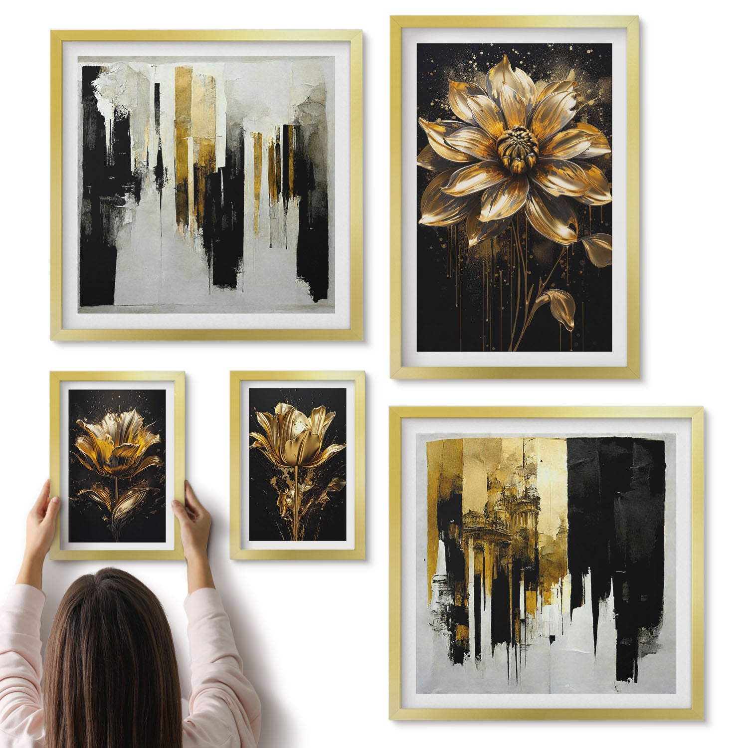 Galeria ścienna 5-częściowy komplet obrazów w złotych ramach - Kwiatowe motywy w eleganckim stylu nowoczesnym - ArtPrintCave