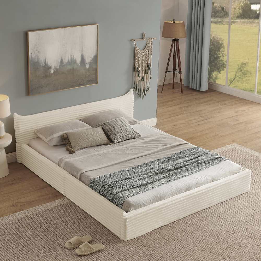 Doppelbett 140x200cm z Chenille-Bezug, Eukalyptusholz & Eisenrahmen, Einfach Montage, Elegantes Kopfende