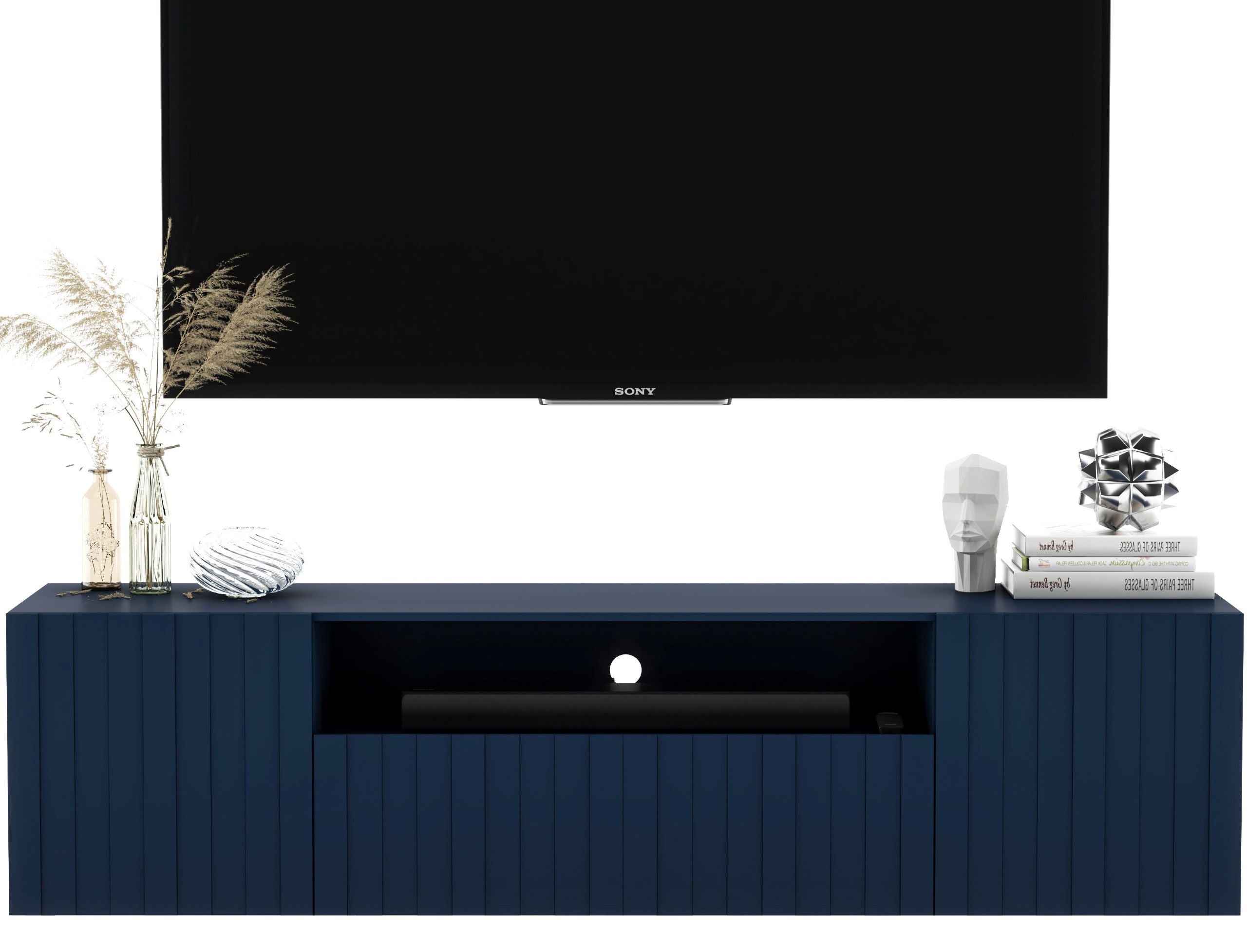 Wisząca szafka RTV Glamour 150 cm granatowy mat, komoda pod telewizor do salonu