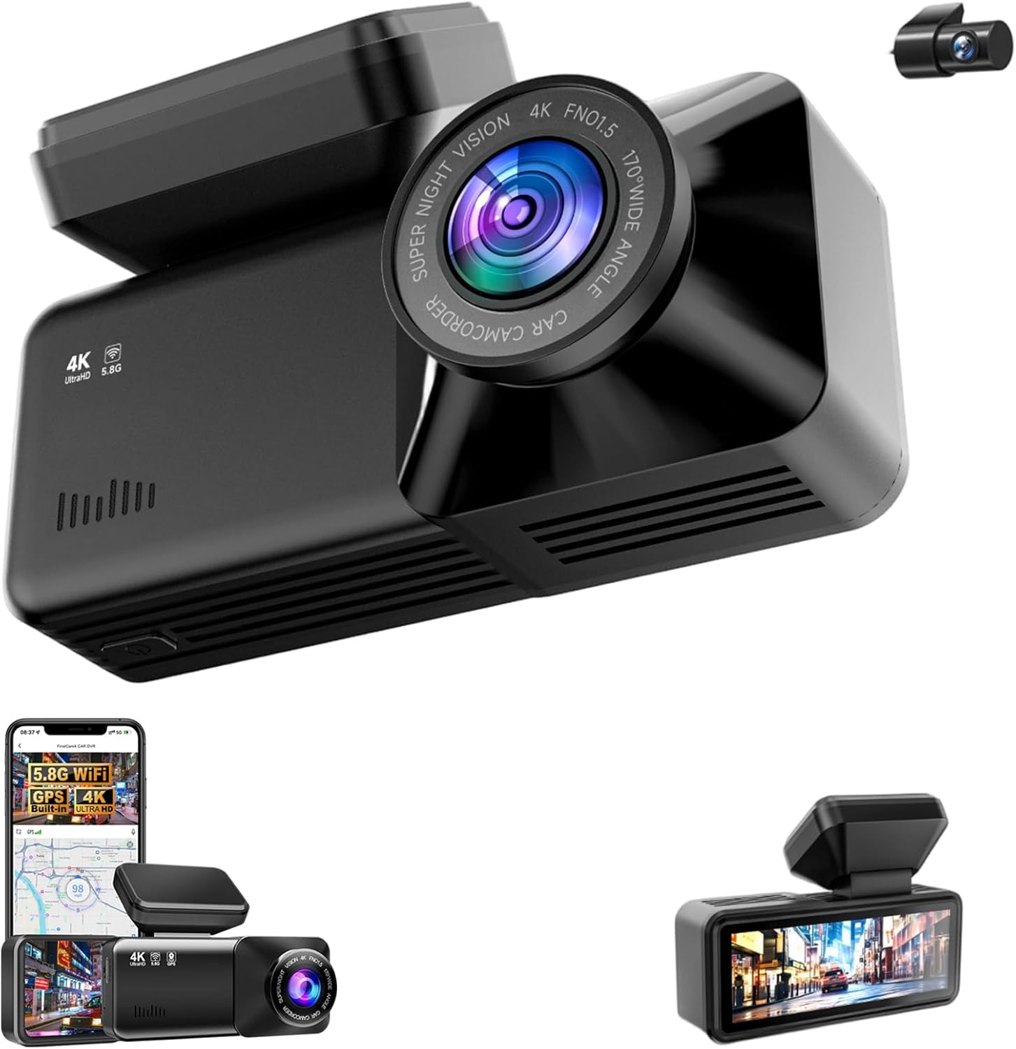 Kamera samochodowa z przodu i z tyłu, 4K Pro, z Wi-Fi 5,8 GHz, szerokim kątem widzenia 70°, wysoką wydajnością widzenia nocnego i trybem nadzoru