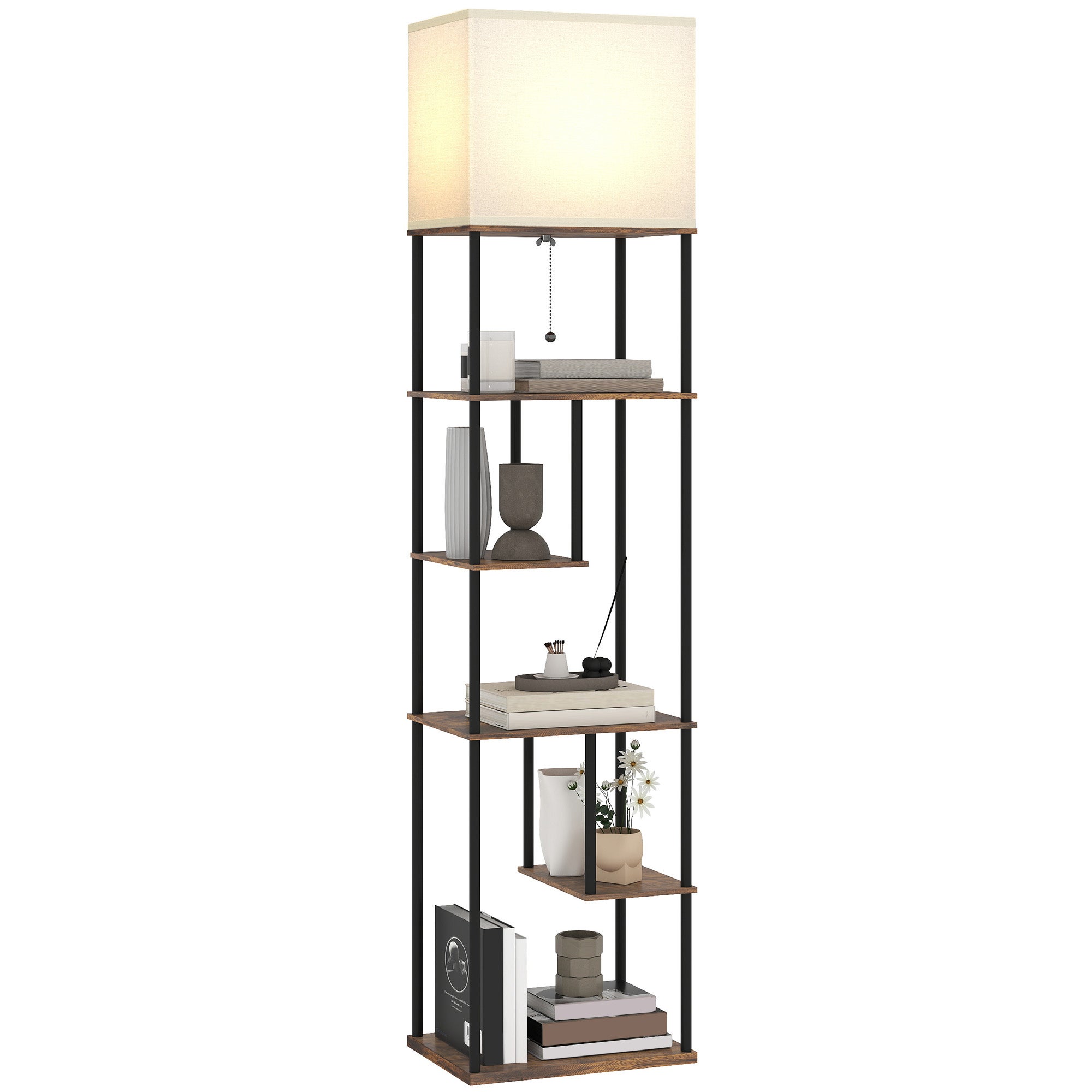 Lampa podłogowa z półkami, ściemnialna do salonu, sterowana pilotem, 40 x 29 x 171 cm, brąz rustykalny