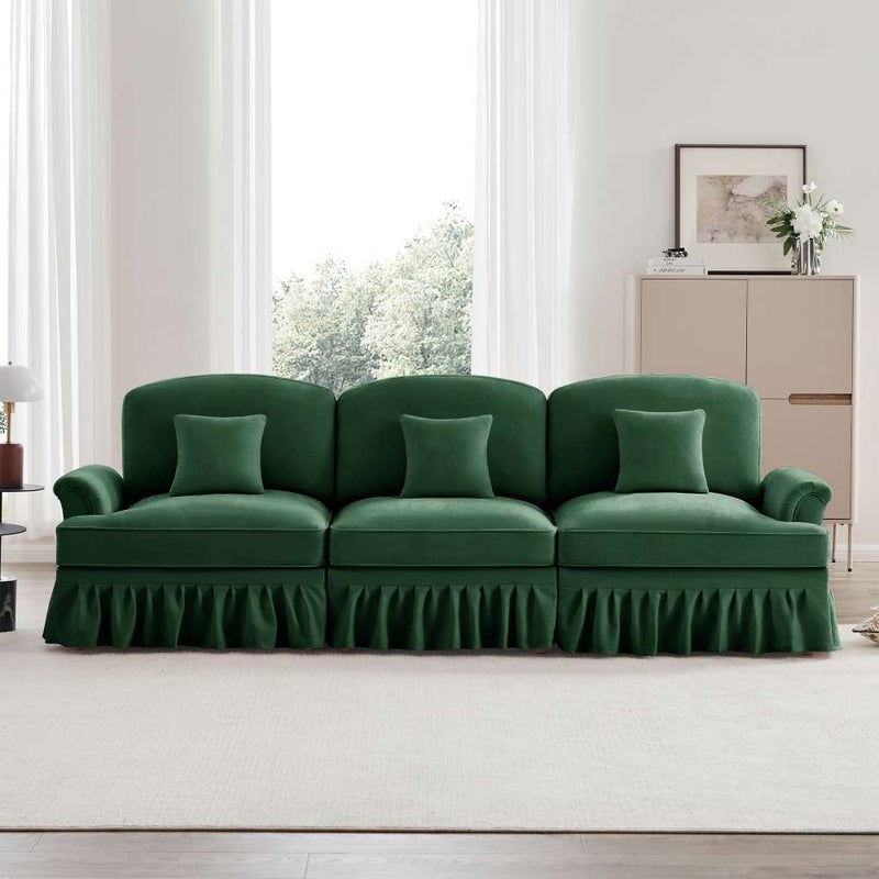 3-osobowa sofa z aksamitu w stylu Mid-Century, zdejmowany pokrowiec z falbanką, podłokietniki w kształcie lejkowatym i smukłe nogi
