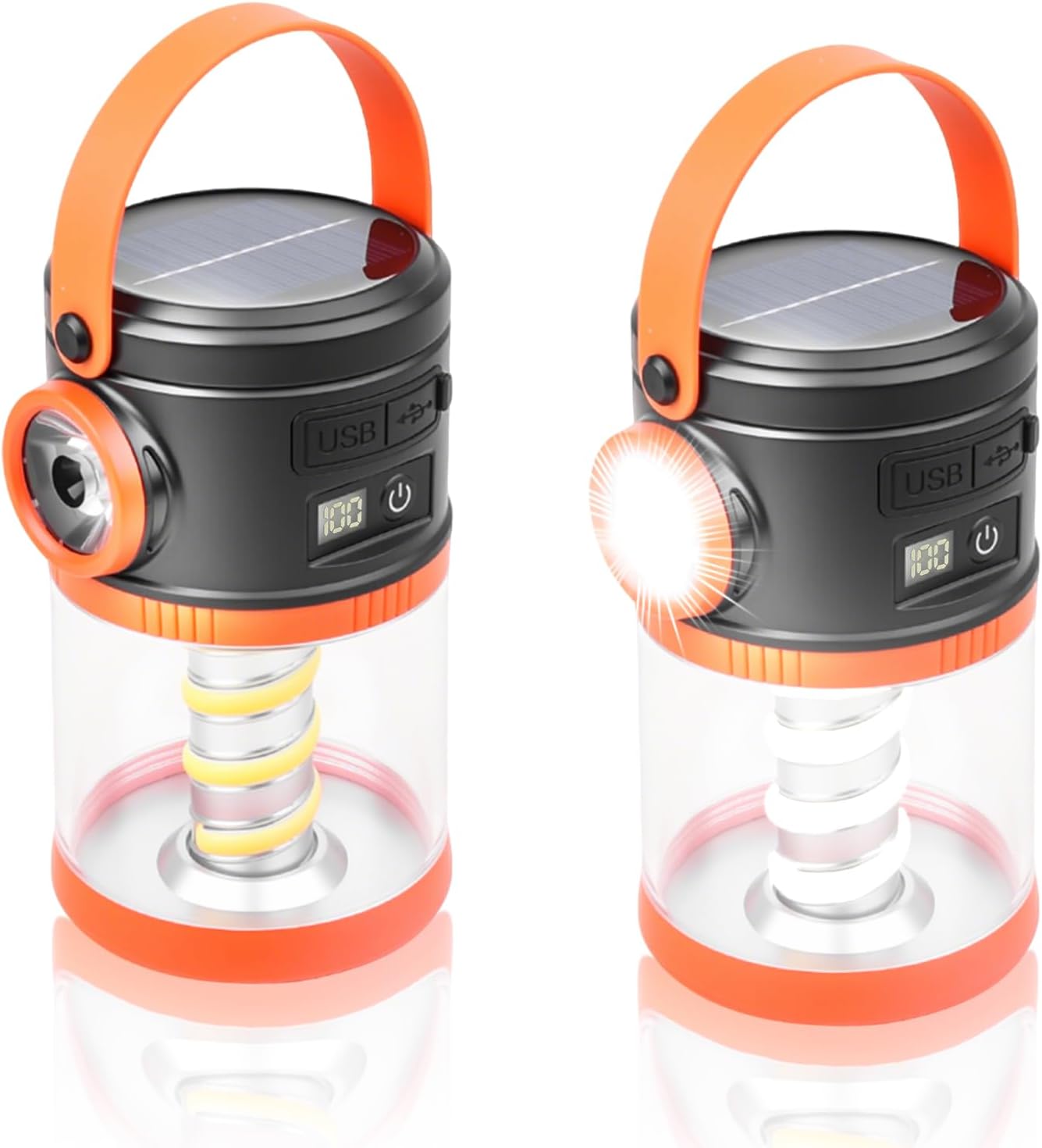 Lampa Loft, przenośna lampa kempingowa LED z latarką - USB COB zasilana baterią słoneczną (opakowanie 2 sztuk, pomarańczowa)