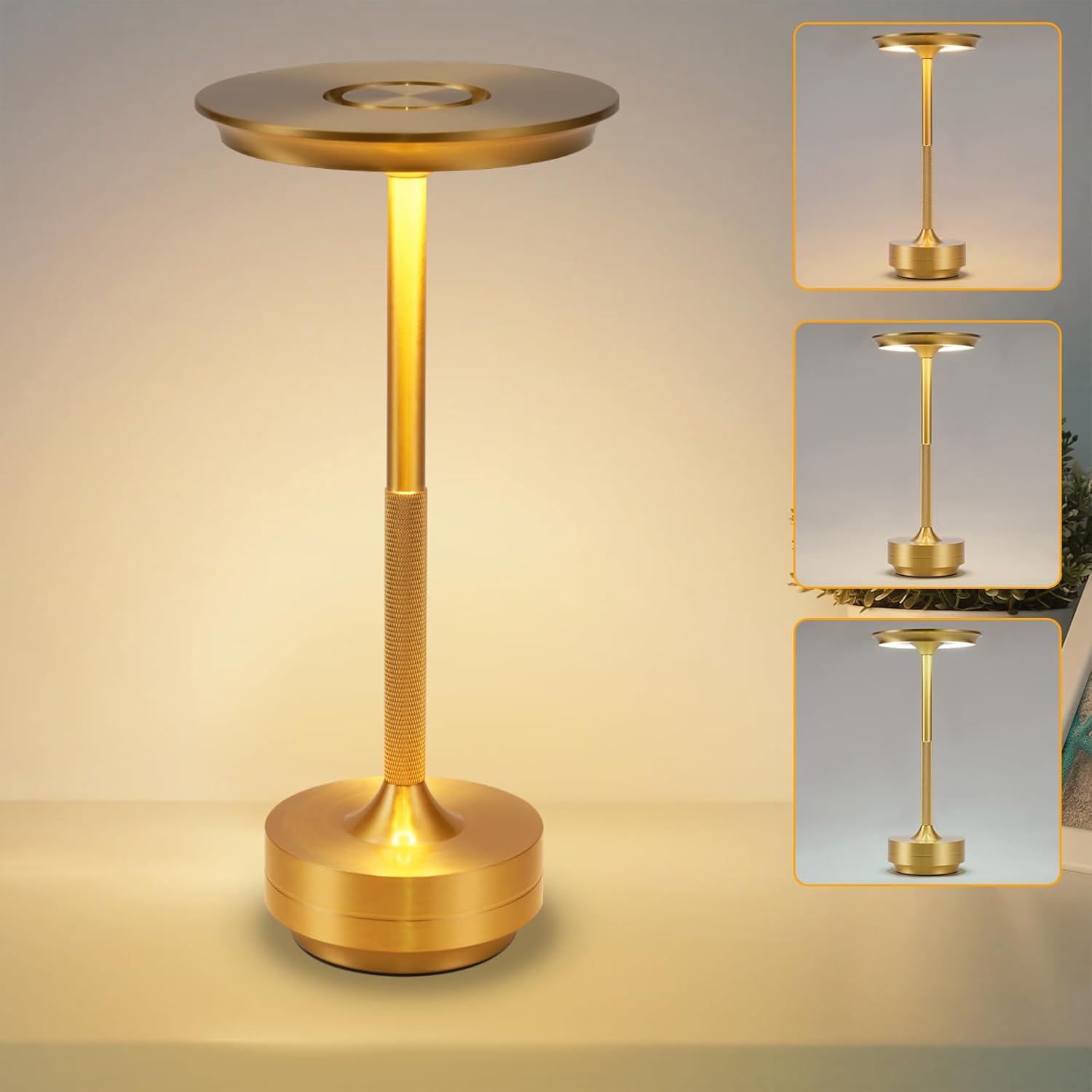 Bezprzewodowa lampka nocna, lampa stołowa na baterie - dotykowa lampa LED ze ściemniaczem, z akumulatorem USB, złote lampy stołowe dla rebor