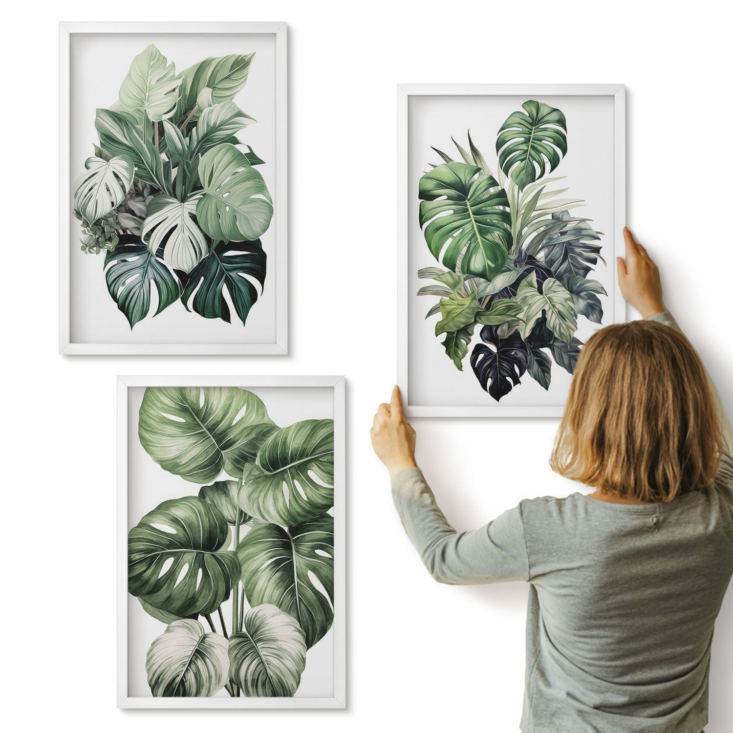 Galeria ścienna 3-częściowy komplet obrazów w białych ramach - Zielone liście roślin tropikalnych akwarele - ArtPrintCave
