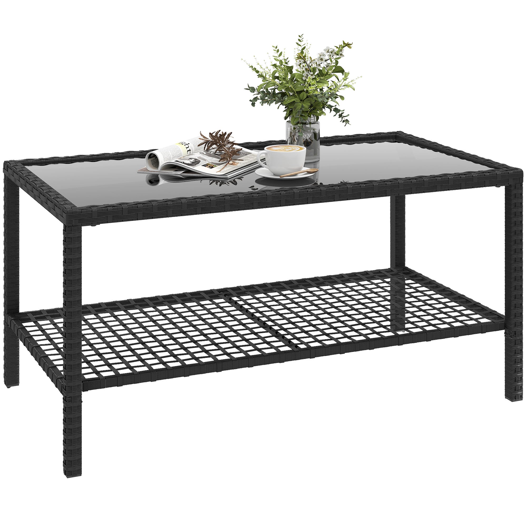 2-poziomowy stolik kawowy ze szkłem hartowane blat i półka, stal i rattan, 92x50x45 cm, czarny