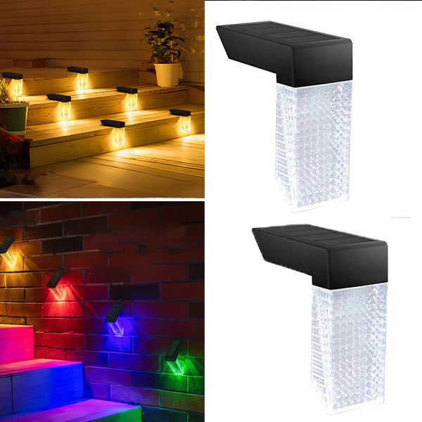 2 wodoodporne lampy czujnikowe na schody, lampa solarna - ciepłe światło + światło kolorowe