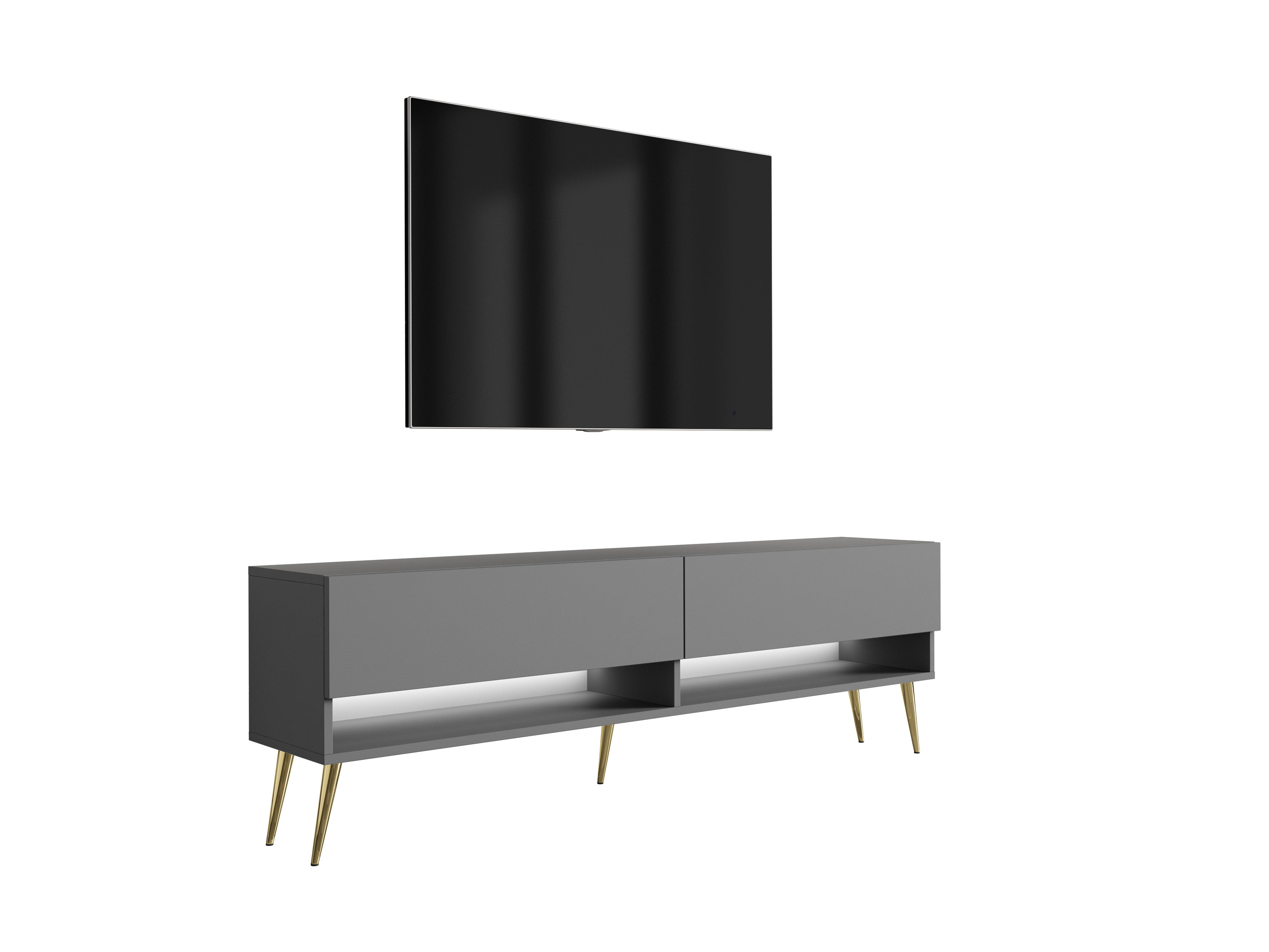 Szafka pod telewizor 170 cm Antracyt, nóżki pochyłe złote, LED biały, 170 × 32 × 52 cm