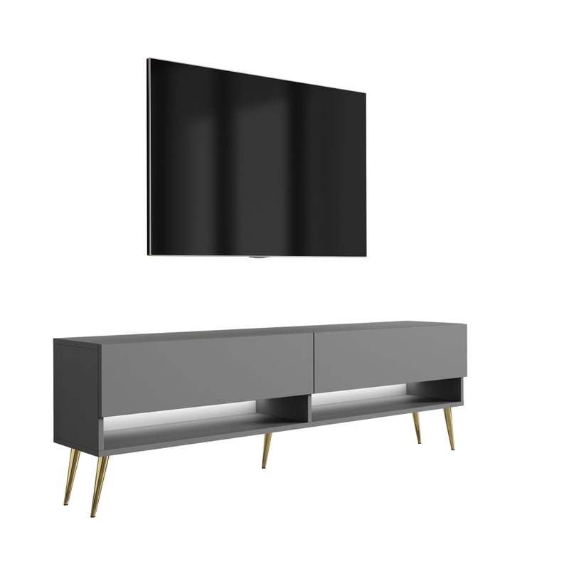 Szafka pod telewizor 170 cm Antracyt, nóżki pochyłe złote, LED biały, 170 × 32 × 52 cm