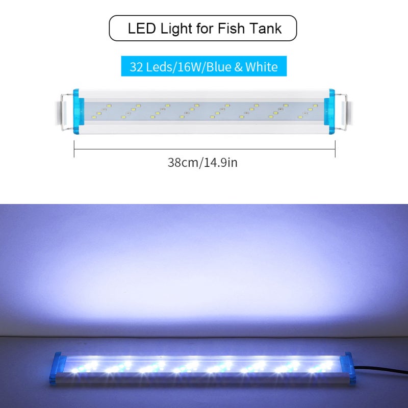 Oświetlenie LED do akwarium 38 cm/14,96 cala, 5,12-calowe, regulowane uchwyty, białe, niebieskie diody LED do zbiorników słodkowodnych z roślinami
