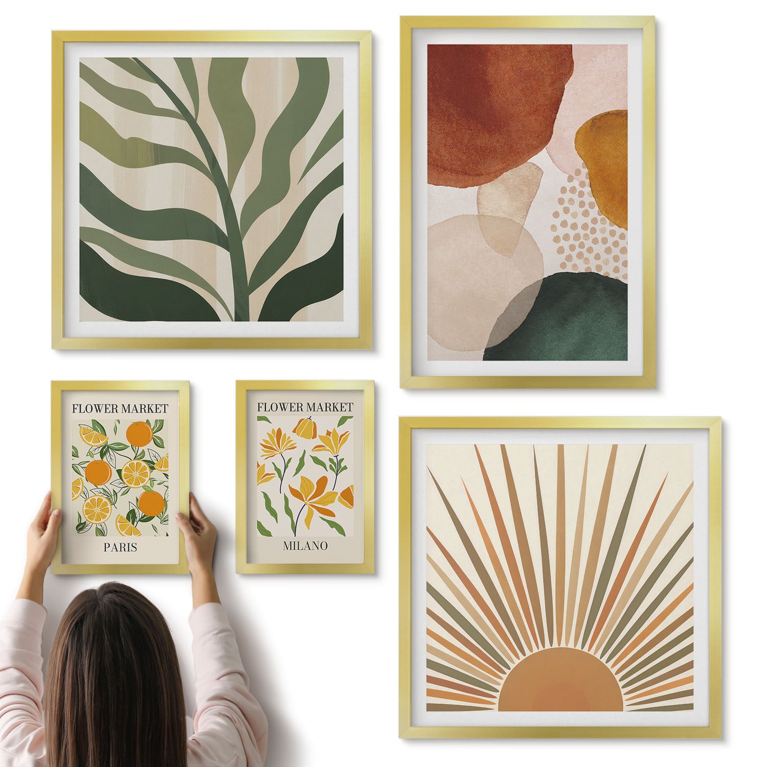 Galeria ścienna 5-częściowy komplet obrazów w złotych ramach - Stylowe grafiki z motywami roślinnymi i geometrycznymi - ArtPrintCave