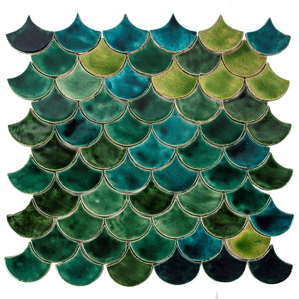 Płytki w kształcie rybiej łuski w kolorze morskim, turkusowym i ciemnoniebieskim – "Forest Pond" – 0,3 m²/opak., 49 płytek 10,2×9 cm