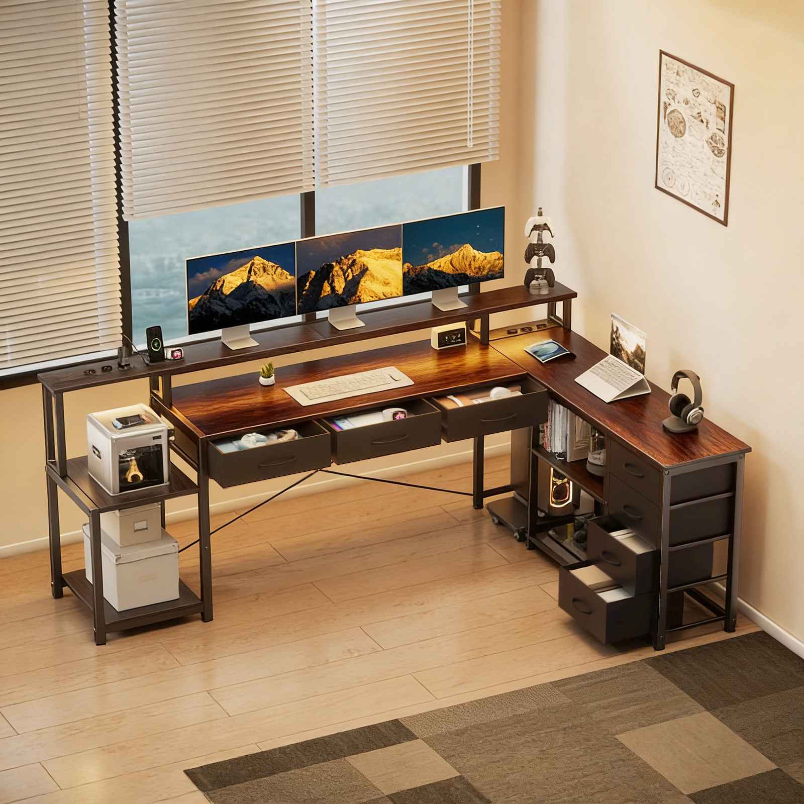 Biurko gamingowe narożne L, styl industrialny, LED RGB, USB, podstawka pod monitor i duża przestrzeń do przechowywania.