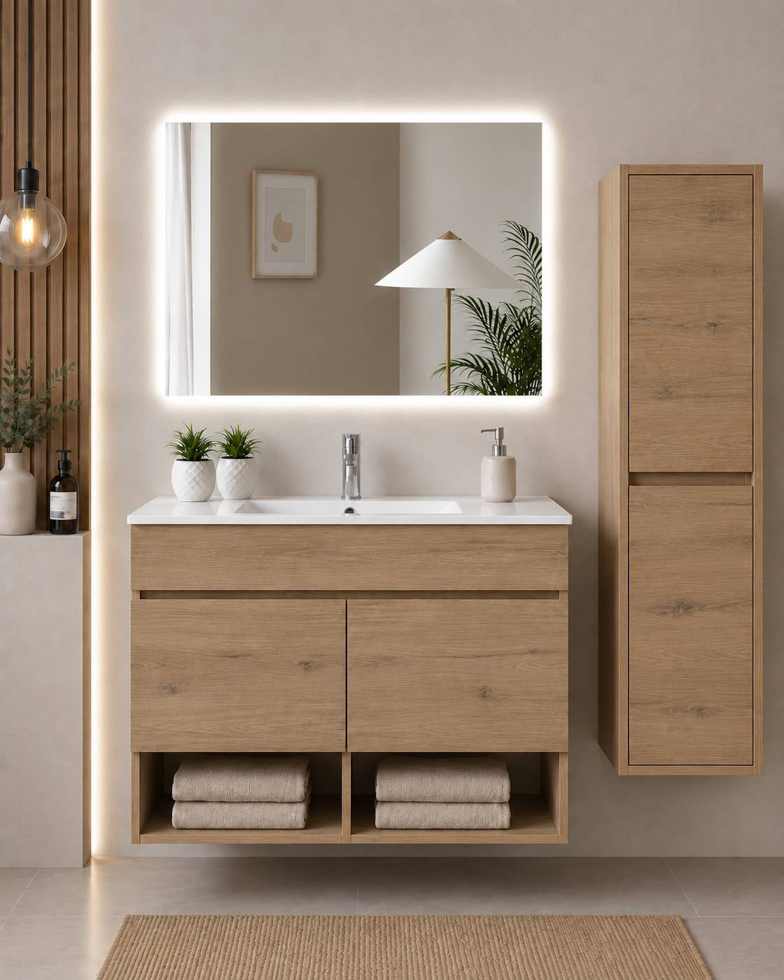 Wisząca szafka łazienkowa z umywalką ORIGENBATH NEBARI z drzwiami z kolumną 60x45 cm estepa z kolumną
